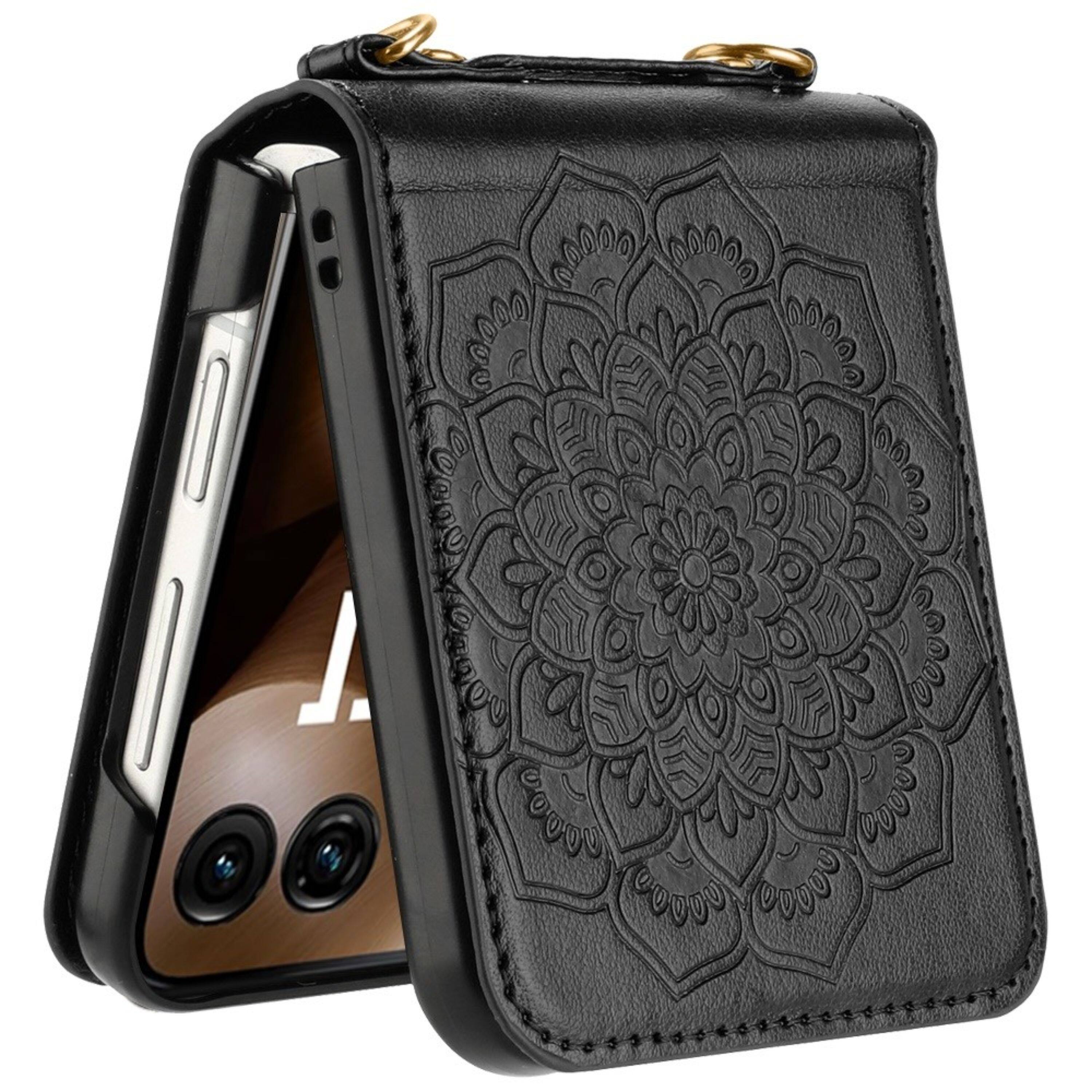 Angle. Kitcheniva - Elegant Embossed Vegan Leather Case For Motorola Razr Ultra 2026/2025 Black - Black.