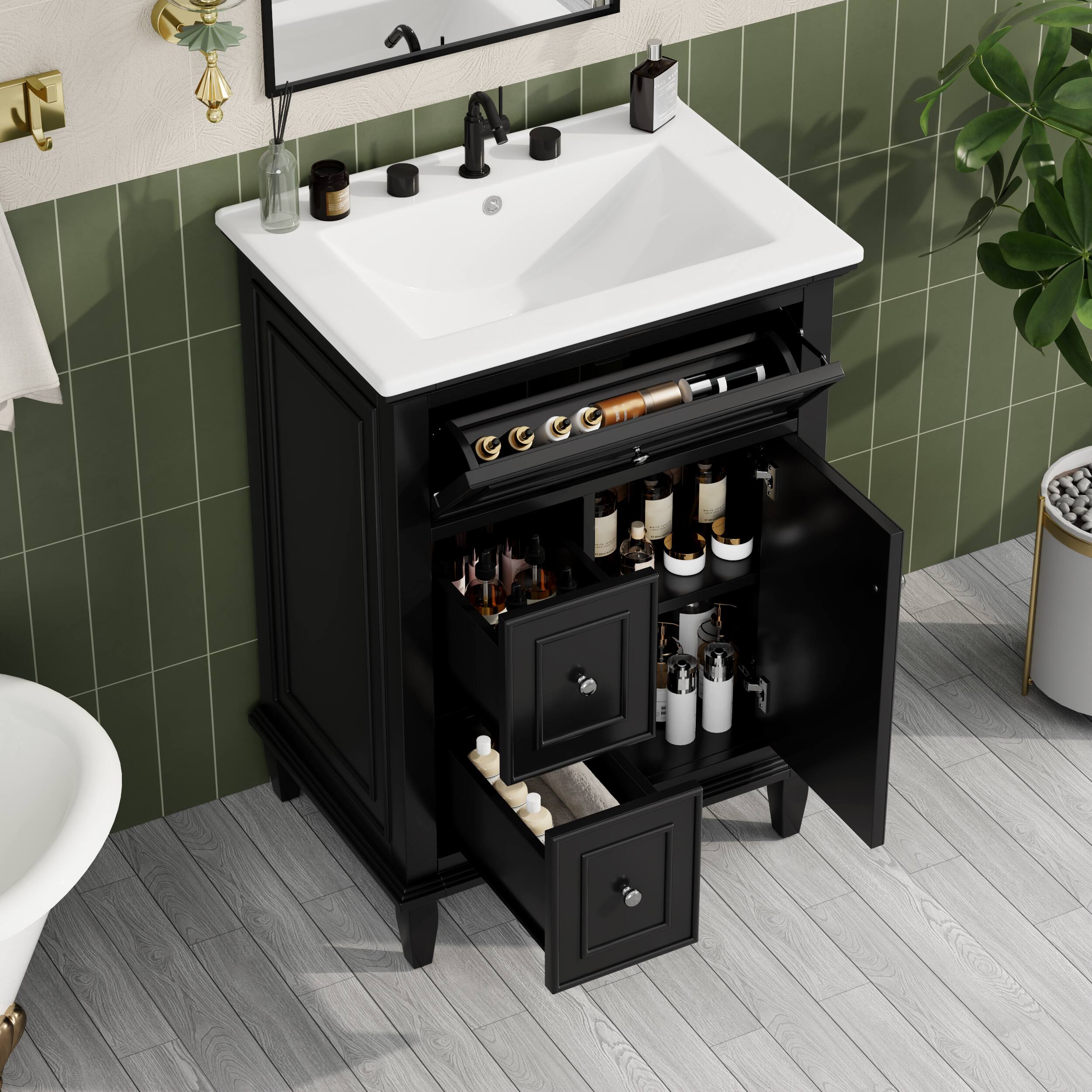 Angle. Whisen - 24" Bathroom Vanity with Sink, Solid Wood & MDF Cabinet, Flip Drawer & 2 Drawers, Freestanding - Black.