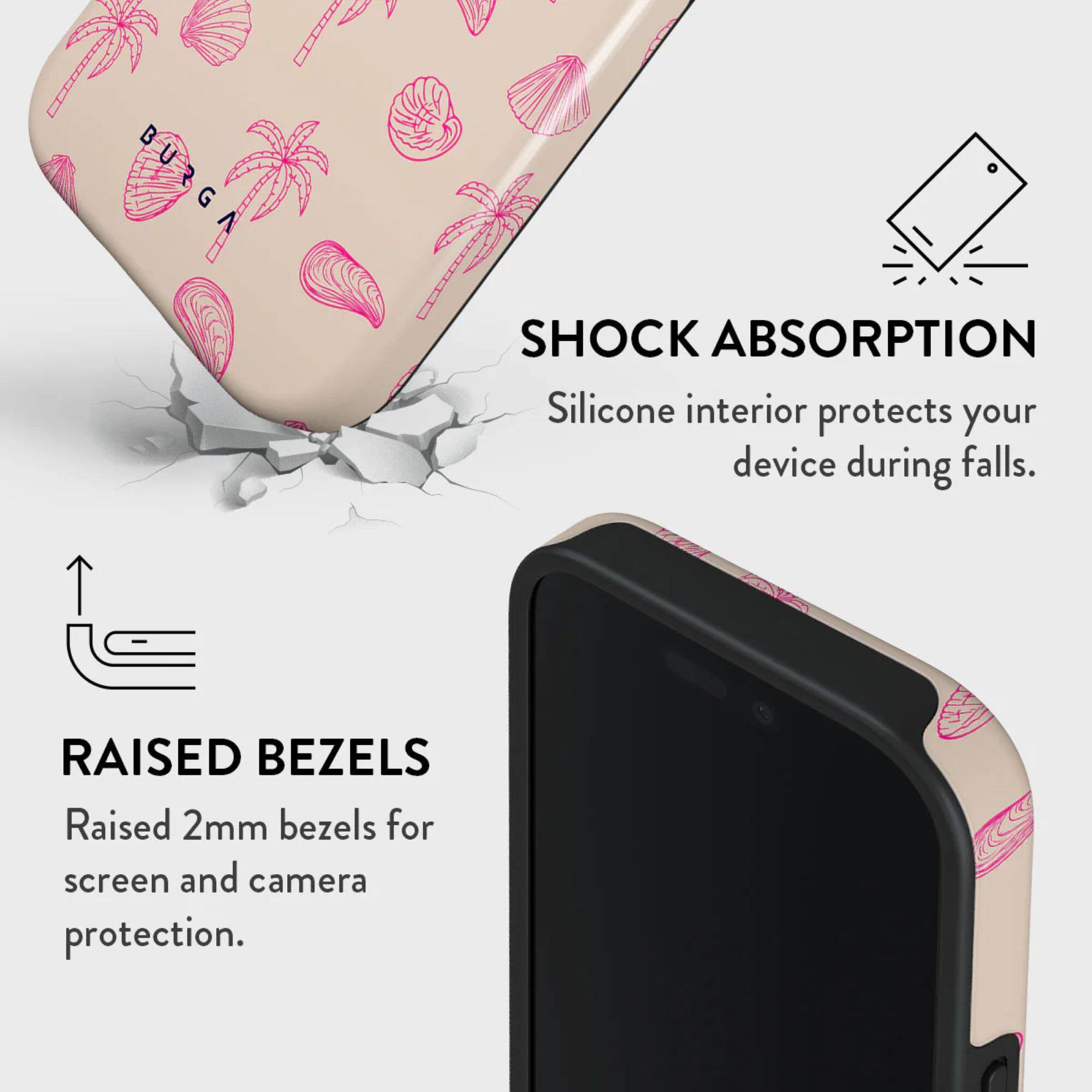 SHOCK ABSORPTION  
Silicone interior protects your device during falls.

RAISED BEZELS  
Raised 2mm bezels for screen and camera protection.
