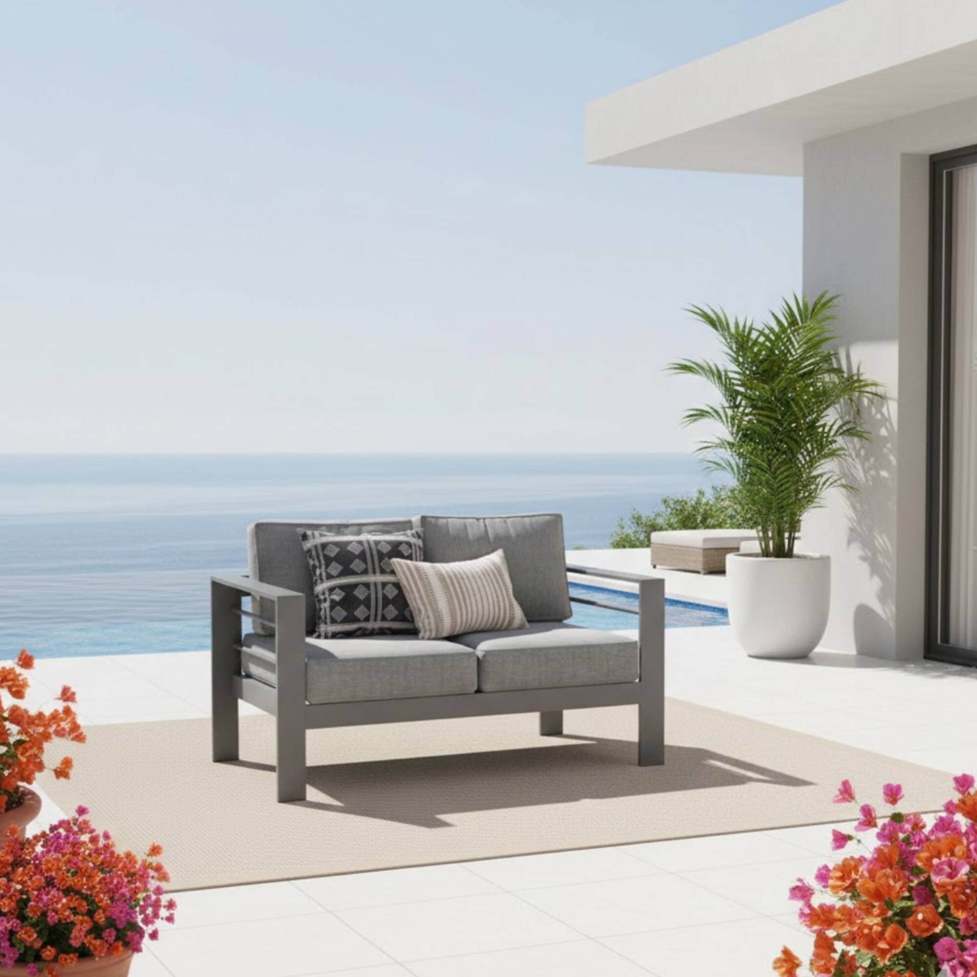 Left. Mondawe - 50" All-Weather Aluminum Patio Loveseat with Cushions - Gray.