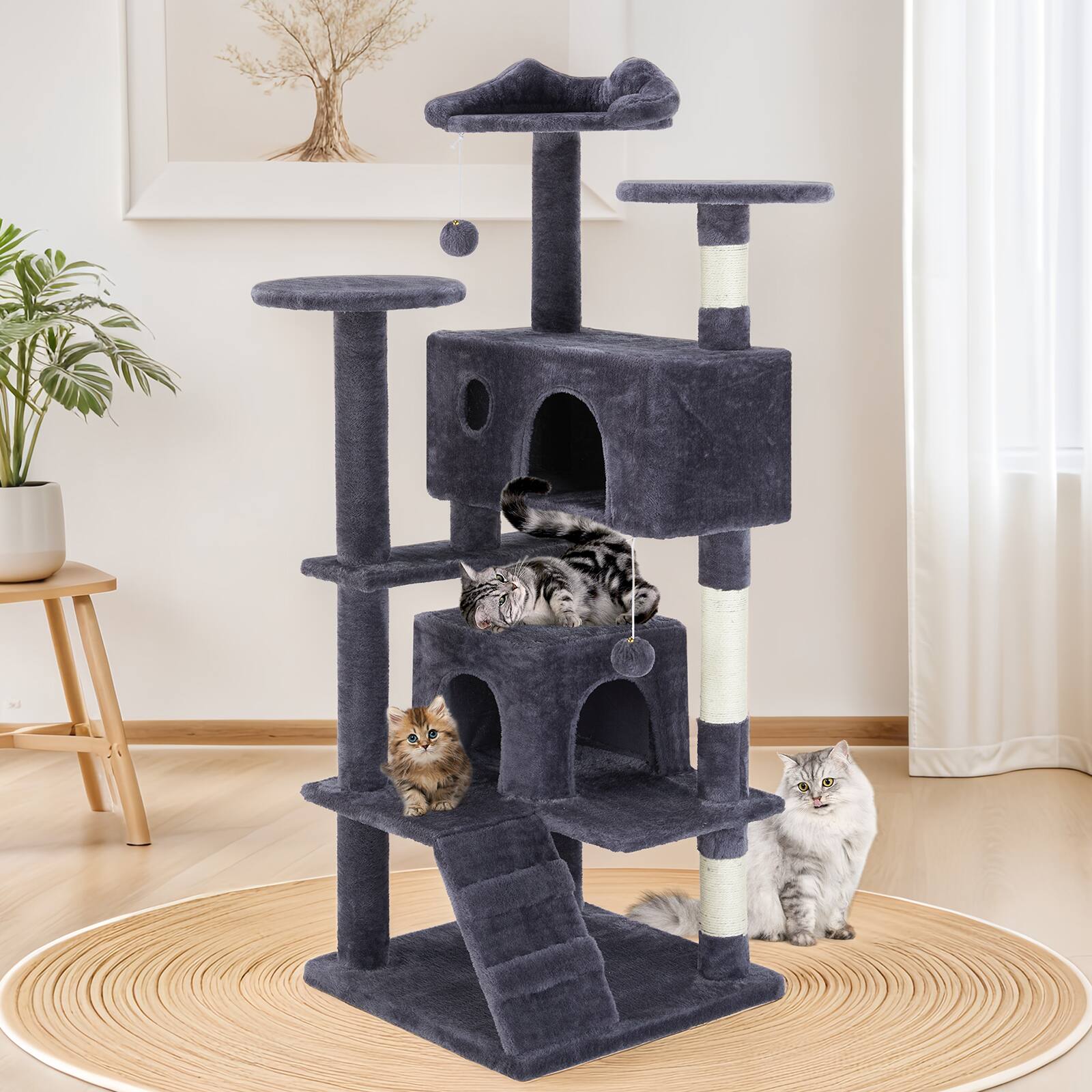 Front. AENKYO - 54" Cat Tree Tower Pet House Large Multi-Cat Climbing with Cat Scratching Post Condo for Indoor - Dark Blue.