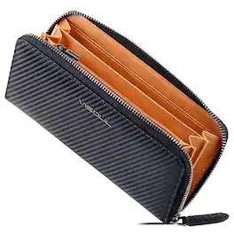 Vulpecula Spade - Leather Long Zippered Pouch Wallet for Men with RFID Blocking Two-tone, Large Carbon Fiber Leather Clutch Cash Long - Black+Tan