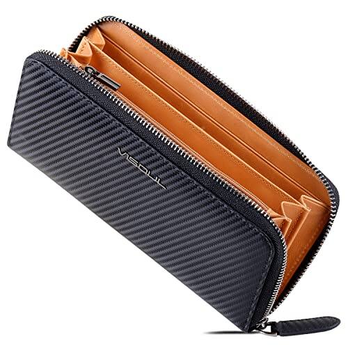 Vulpecula Spade - Leather Long Zippered Pouch Wallet for Men with RFID Blocking Two-tone, Large Carbon Fiber Leather Clutch Cash Long - Black+Tan