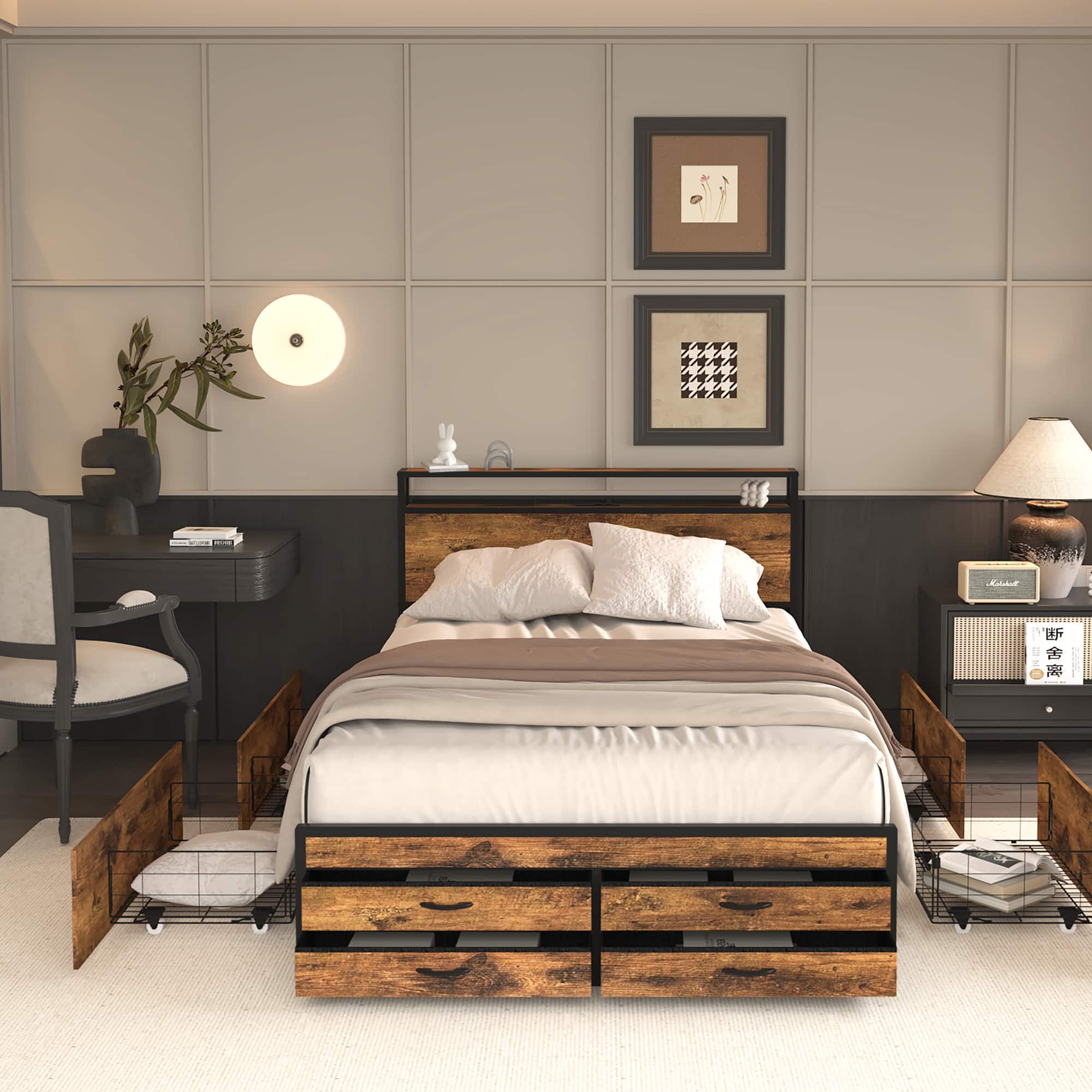 GOODSILO - Full Size Storage Bed Frame with LED Headboard and Charging Station - Black+Brown