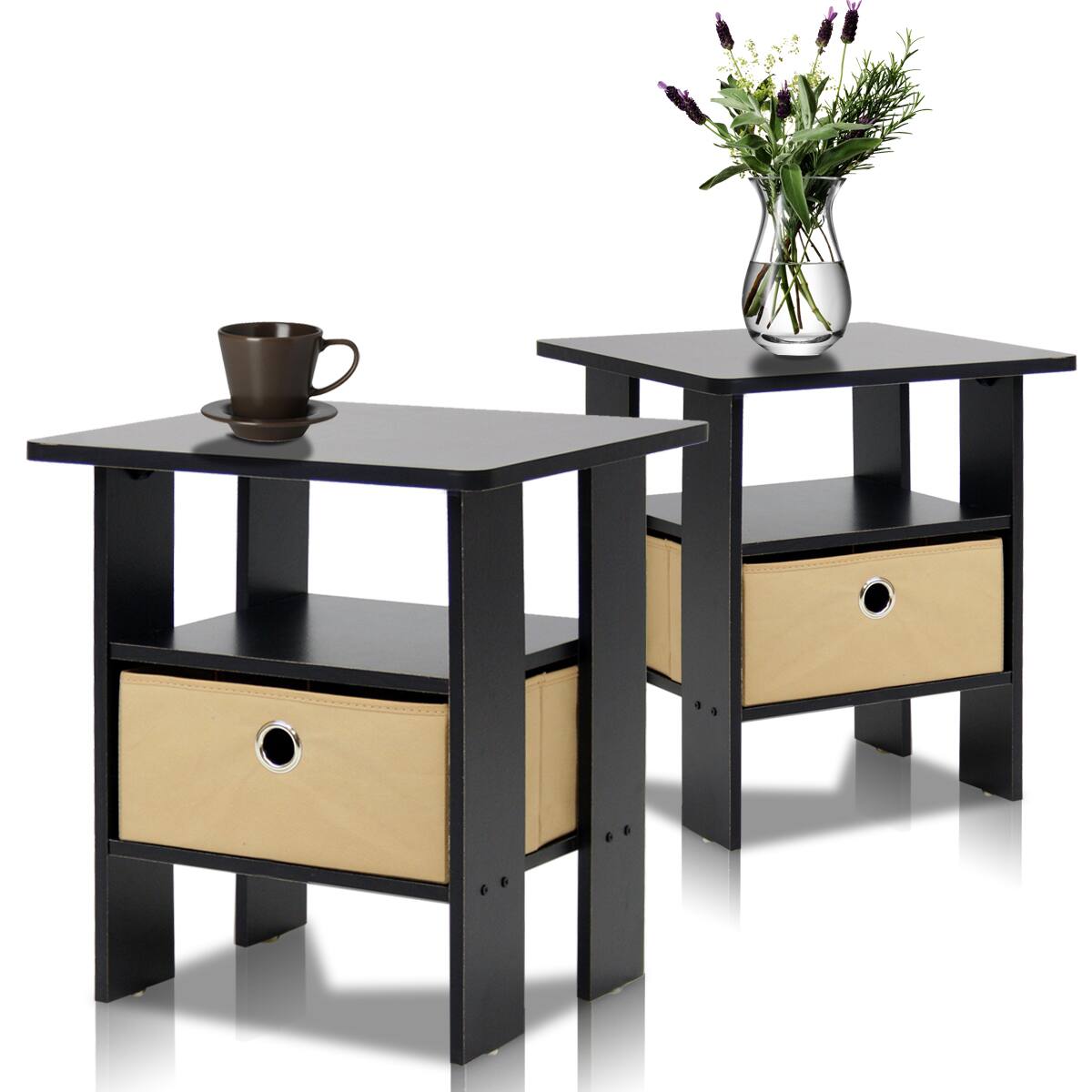 Front. Furinno - Andrey End Table Nightstand with Bin Drawer, Set of 2 - Espresso.