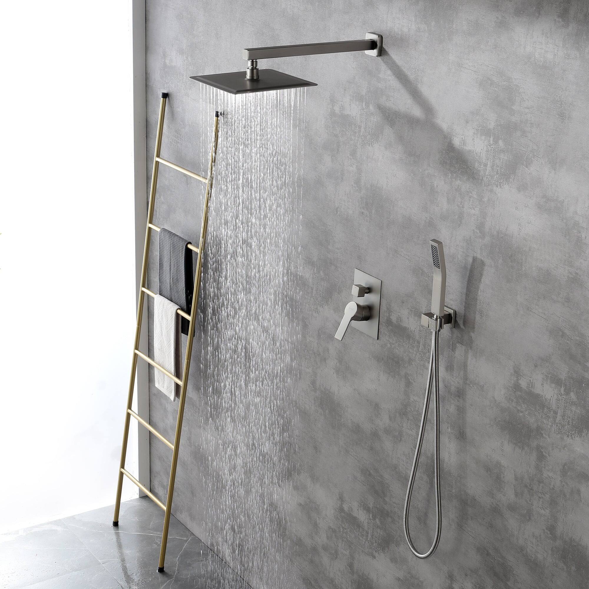 Left. Boyel Living - 1-Spray Patterns with 2.5 GPM 10 in. Wall Mount Dual Shower Heads with Pressure Balance Valve in Brushed Nickel - Brushed Nickel.