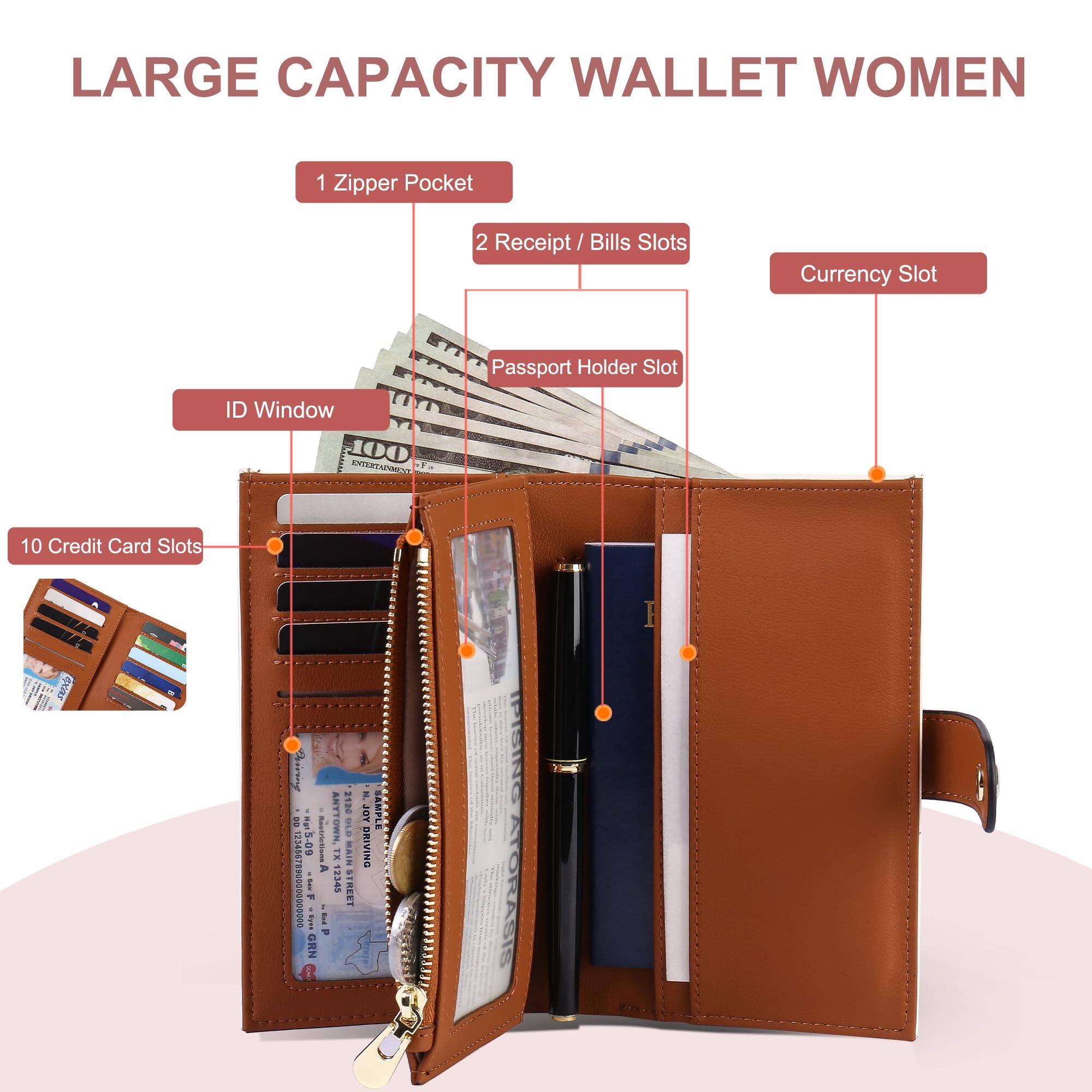 Left. Jadie Link - Womens Wallets Rfid Blocking Leather Trifold Clutch Wallet Credit Card Holder Ladies Travel Purse Pen Large Capacity - 6Pink.