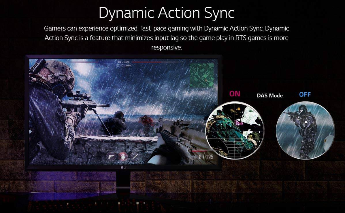 Dynamic Action Sync  
Gamers can experience optimized, fast-paced gaming with Dynamic Action Sync. Dynamic Action Sync is a feature that minimizes input lag so the game play in RTS games is more responsive.  

Eu J ESTA 07/12 20-27 ON DAS Mode OFF 8/125 LG