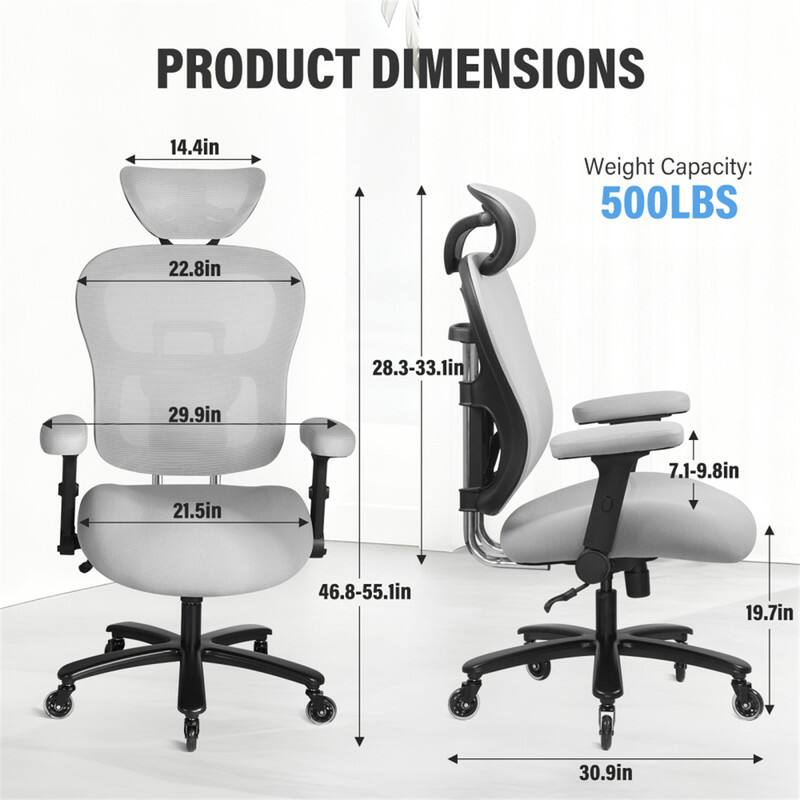 PRODUCT DIMENSIONS

- Width: 14.4in
- Depth: 22.8in
- Height: 28.3-33.1in
- Seat Height: 29.9in
- Armrest Height: 7.1-9.8in
- Seat Depth: 21.5in
- Back Height: 46.8-55.1in
- Seat Width: 19.7in
- Overall Width: 30.9in

Weight Capacity: 500LBS