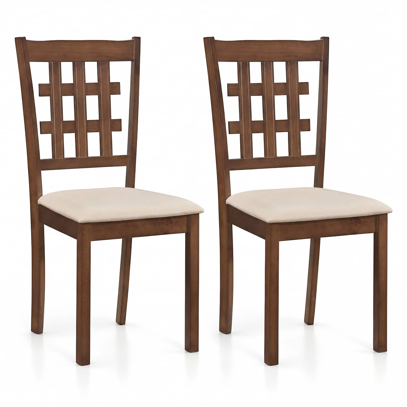 Costway - Farmhouse Armless Dining Chair Set of 2 with Upholstered Seat, Rubber Wood Legs - Oak,Grey