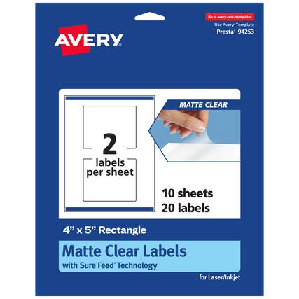 Go to avery.com/templates
AVERY
Use Avery Template Presta® 94253
MATTE CLEAR
2 labels per sheet
10 sheets 20 labels
4" x 5" Rectangle
Matte Clear Labels with Sure Feed® Technology for Laser/Inkjet