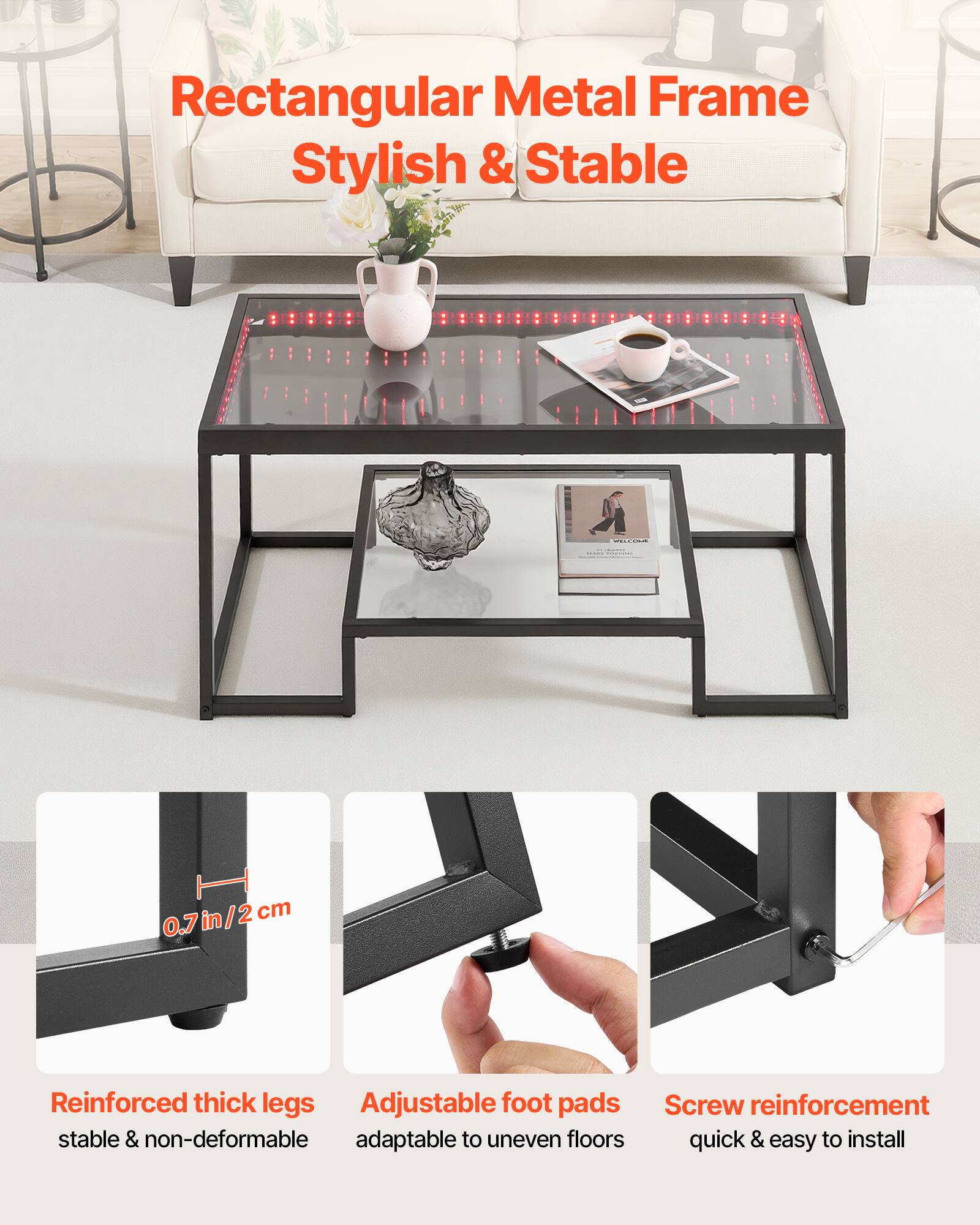 Rectangular Metal Frame Stylish & Stable

- Reinforced thick legs: stable & non-deformable
- Adjustable foot pads: adaptable to uneven floors
- Screw reinforcement: quick & easy to install

0.7 in/2 cm