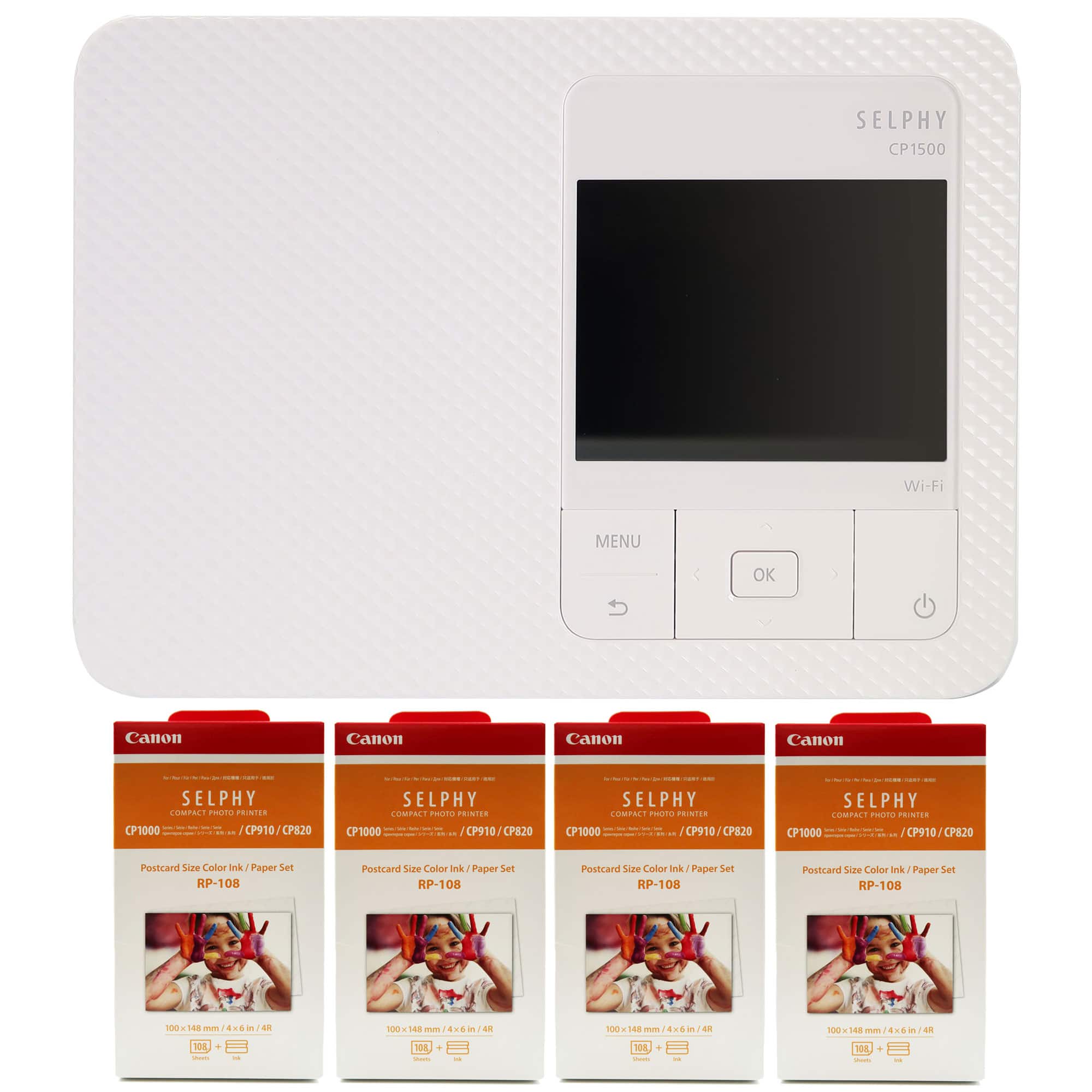 Canon - SELPHY CP1500 Compact Photo Printer, 4x RP-108 High-Capacity Color Ink and Paper Set - White