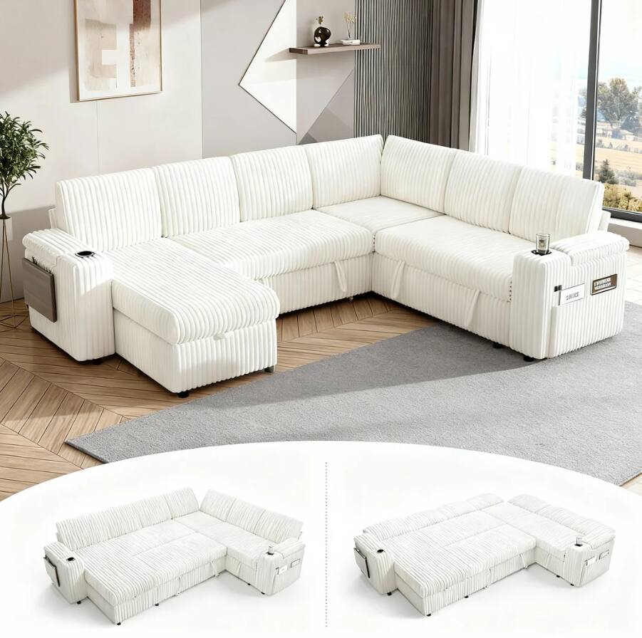 Front. Dyonery - 110" Modular 7 Seat L Shaped Couch with Reclining Backrest|USB Ports|Cup Holders|Side Table|Storage Chaise Armrests - Beige.