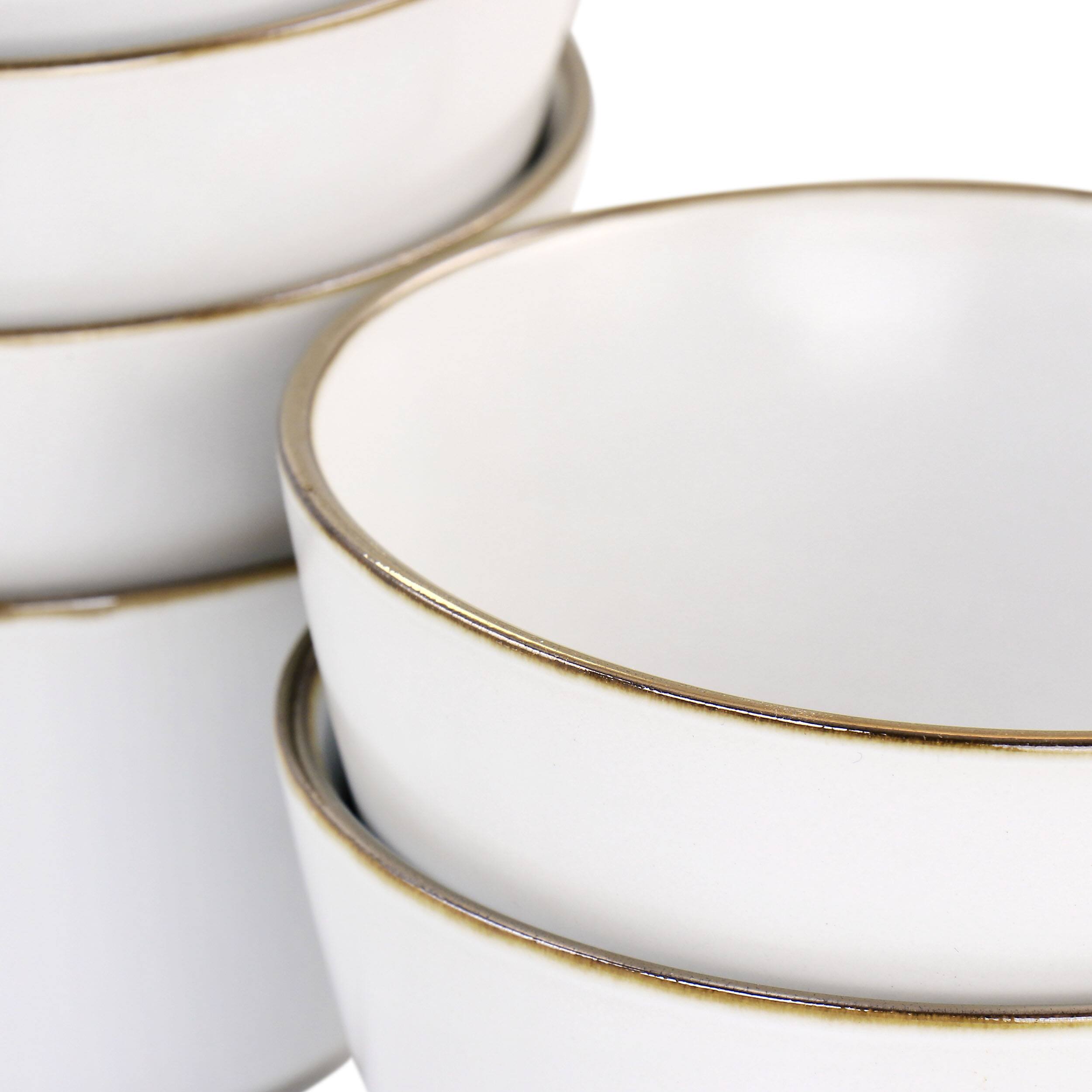 Left. Elama - Elama Arthur 6 Piece Stoneware Bowl Set in Matte White with Gold Rim - White.