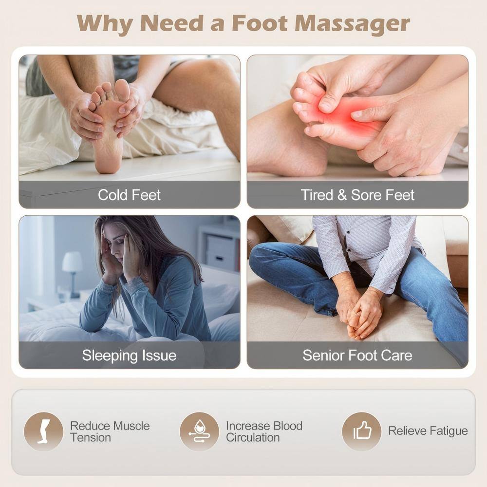 Why Need a Foot Massager

- Cold Feet
- Tired & Sore Feet
- Sleeping Issue
- Senior Foot Care

Benefits:
- Reduce Muscle Tension
- Increase Blood Circulation
- Relieve Fatigue