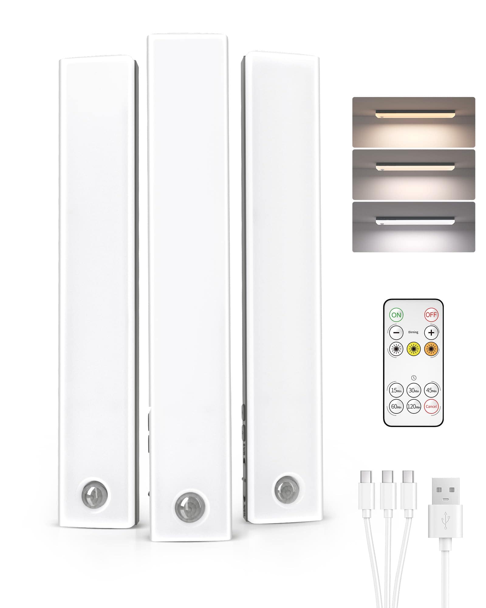 EZVALO - Under Cabinet Lighting Wireless Motion Sensor with Remote-3 Color Temps-3 Pack-23 cm-Grey - White