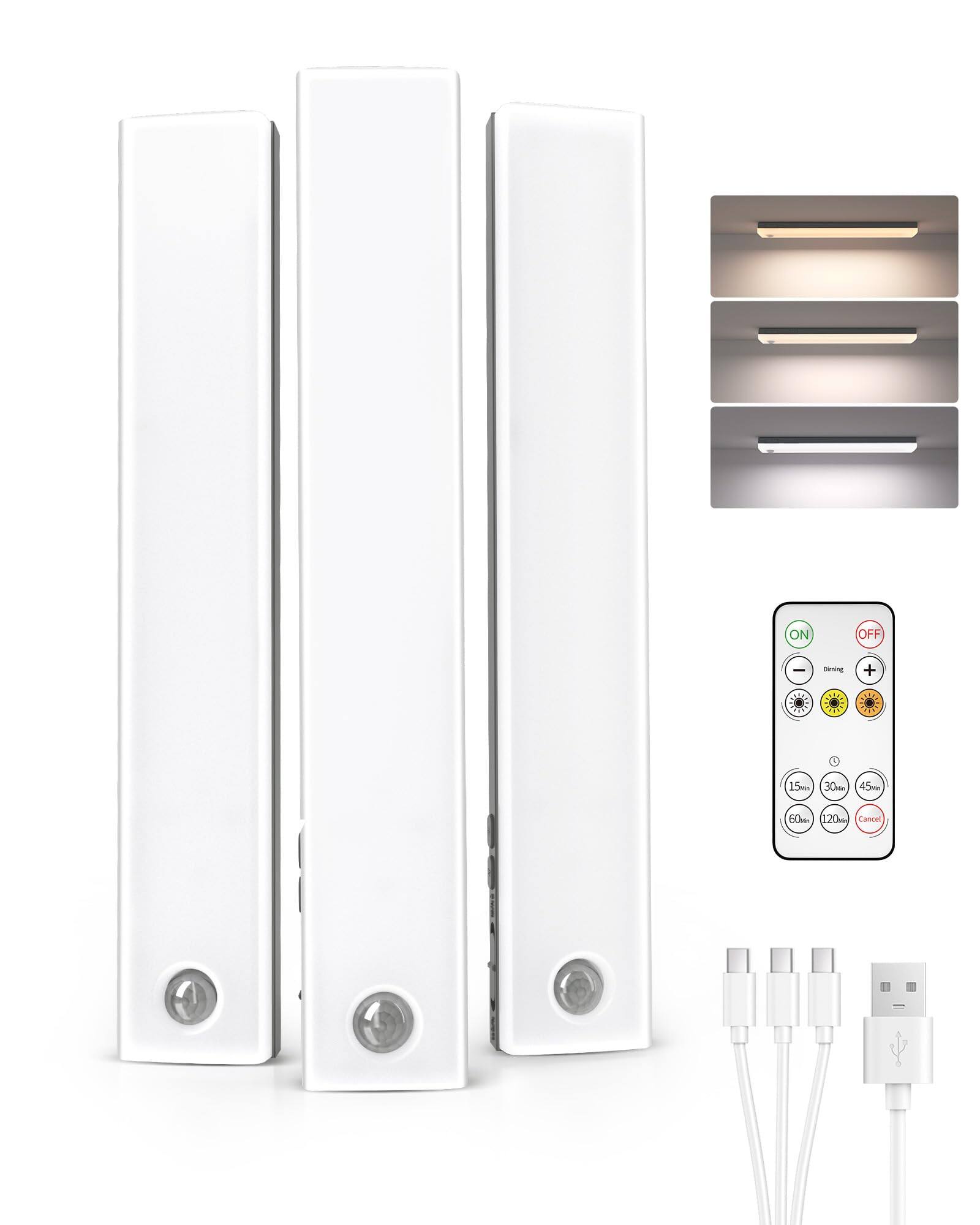 EZVALO - Under Cabinet Lighting Wireless Motion Sensor with Remote-3 Color Temps-3 Pack-23 cm-Grey - White
