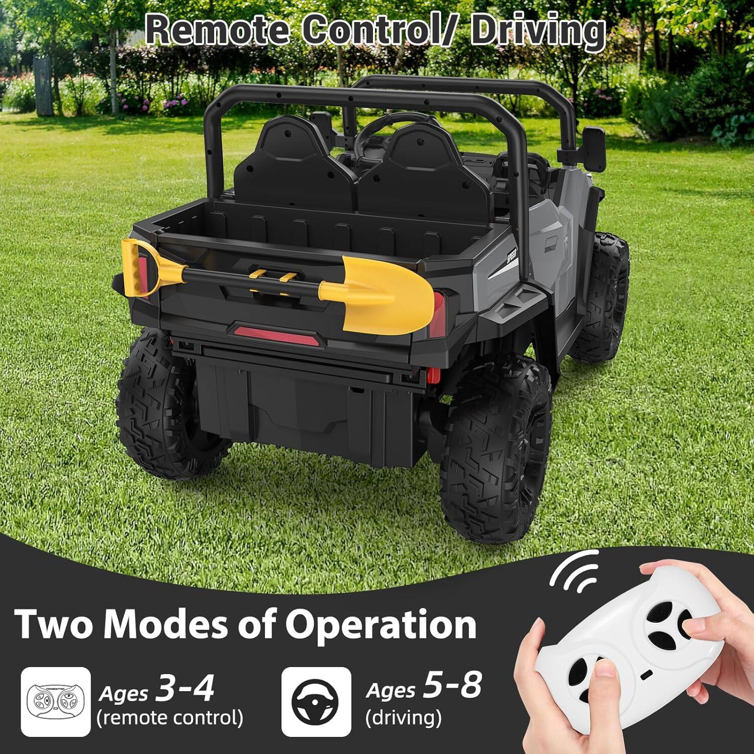 Remote Control/ Driving

Two Modes of Operation

Ages 3-4 (remote control)

Ages 5-8 (driving)