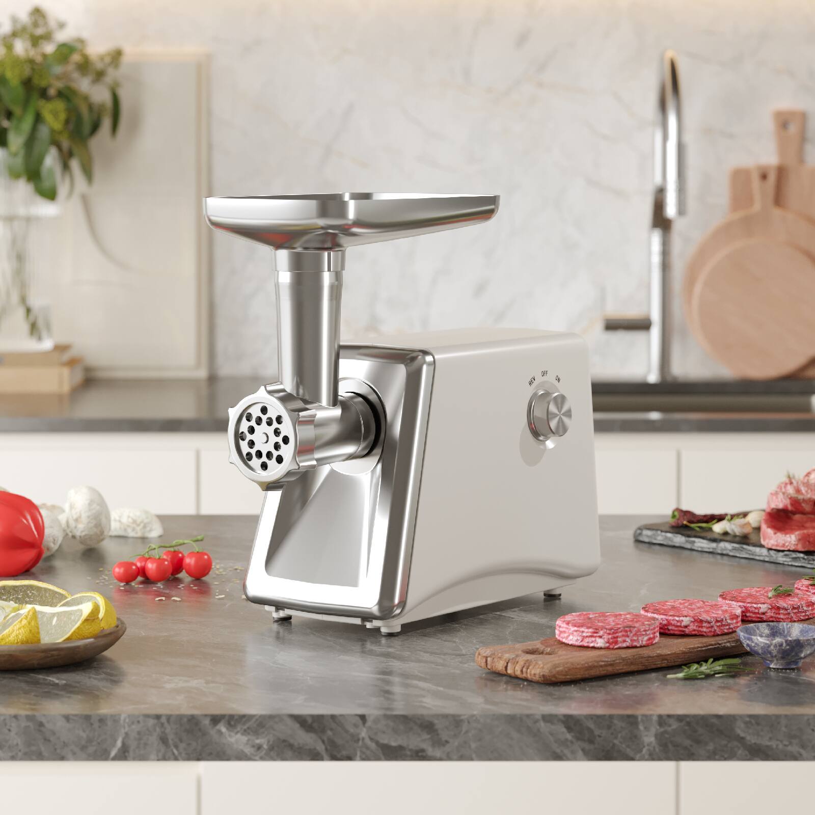 Angle. Sugift - 1200W Electric Meat Grinder with Sausage Tubes, Kibbe Kit, and Cleaning Brush - White.