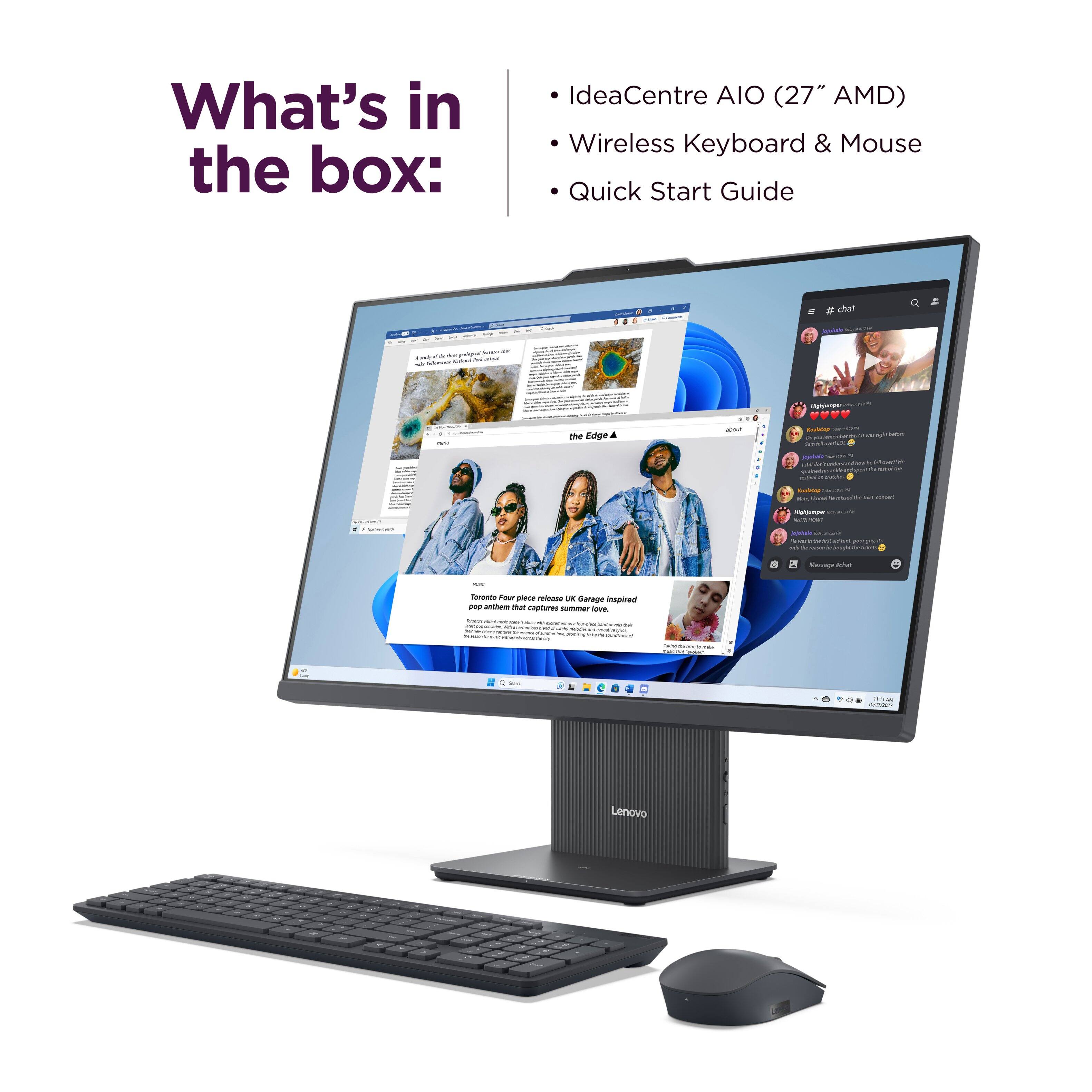 What's in the box:

- IdeaCentre AIO (27" AMD)
- Wireless Keyboard & Mouse
- Quick Start Guide