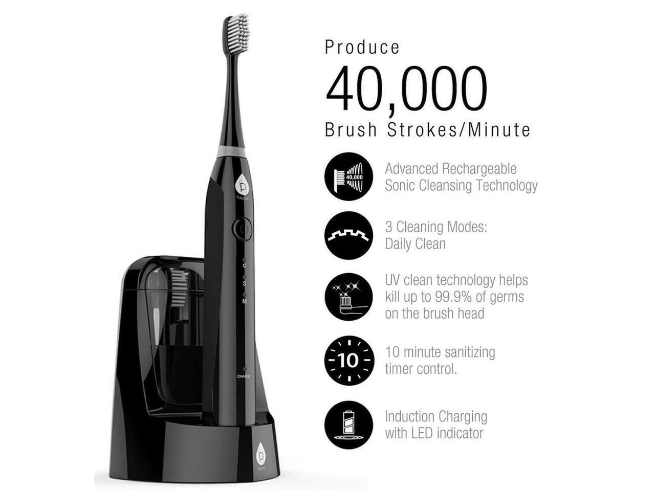 Produce 40,000 Brush Strokes/Minute

- Advanced Rechargeable Sonic Cleansing Technology
- 3 Cleaning Modes: Daily Clean
- UV clean technology helps kill up to 99.9% of germs on the brush head
- 10 minute sanitizing timer control
- Induction Charging with LED indicator