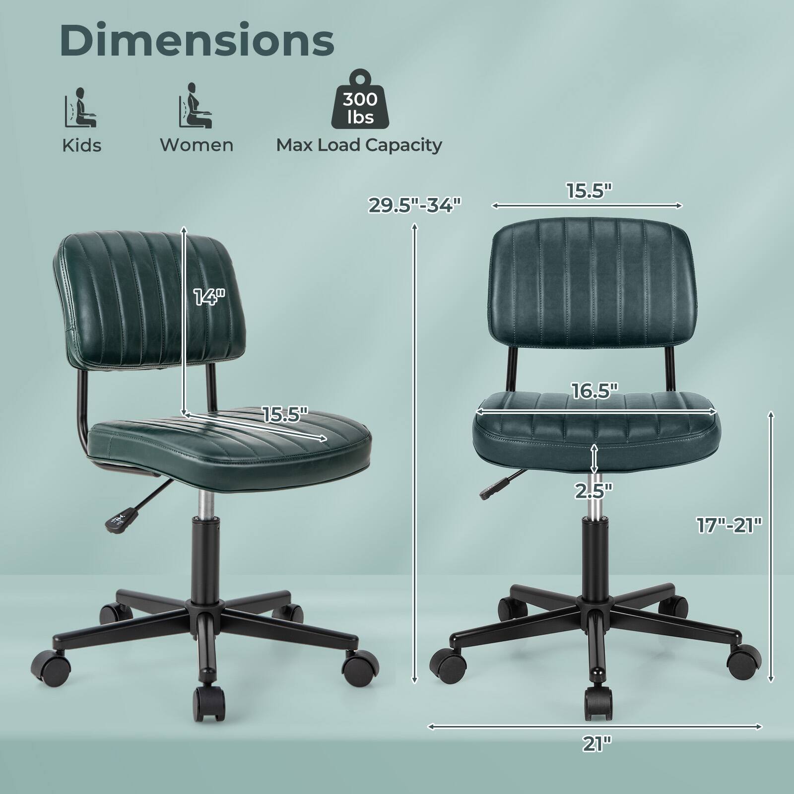 Dimensions: Kids, Women, and Max Load Capacity.