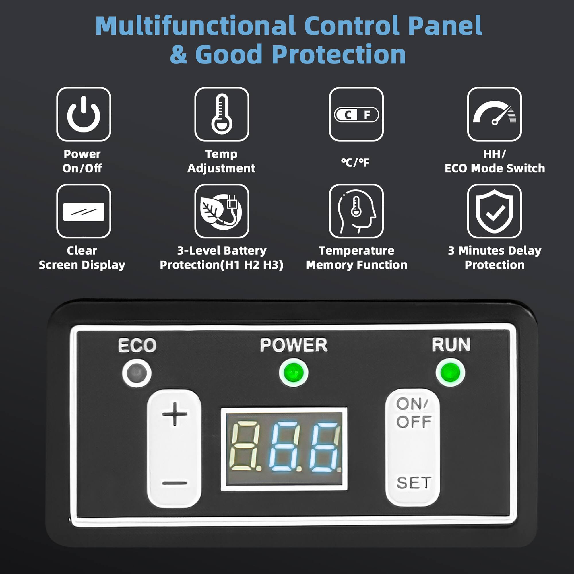 Multifunctional Control Panel & Good Protection:

* Power On/Off
* Temperature Adjustment (C/F)
* HH/ECO Mode Switch
* Clear 3-Level Battery Screen Display Protection (H1/H2/H3)
* Temperature Memory Function
* 3 Minutes Delay Protection
* ECO POWER RUN + ON/OFF
* ON/OFF SET