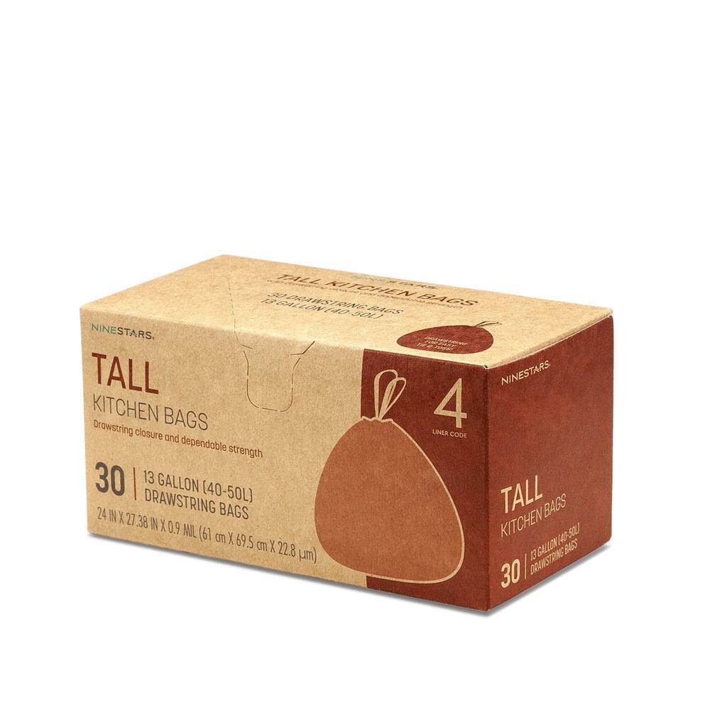 NINESTARS

TALL KITCHEN BAGS

30 | 13 GALLON (40-50L) DRAWSTRING BAGS

Drawstring closure and dependable strength

24 IN X 27.38 IN X 0.9 MIL (61 cm X 69.5 cm X 22.8 µm)

LINER CODE 4

NINESTARS