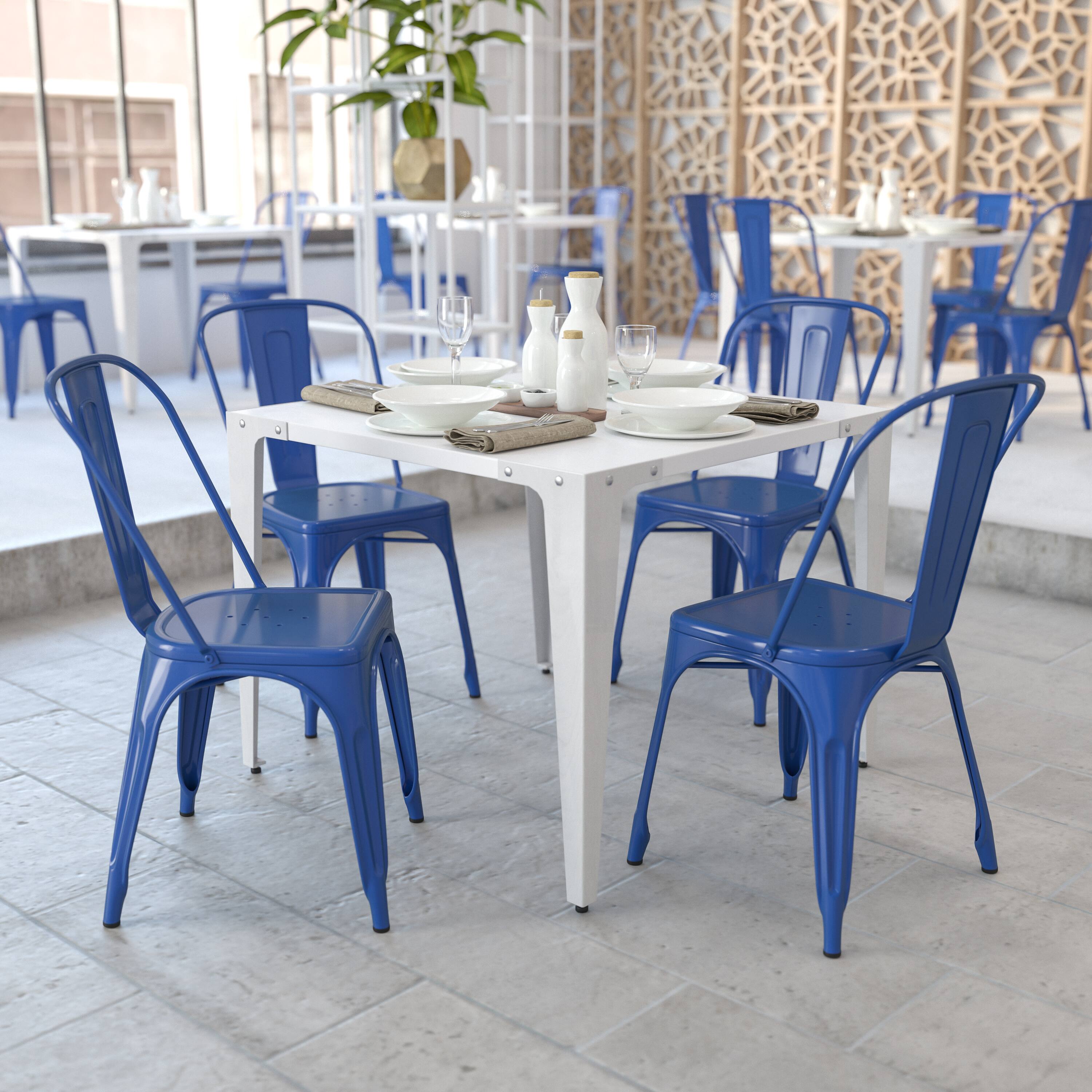 Alt View 2. Emma + Oliver - Commercial Grade 4 Pack Metal Indoor-Outdoor Stackable Chair - Blue.