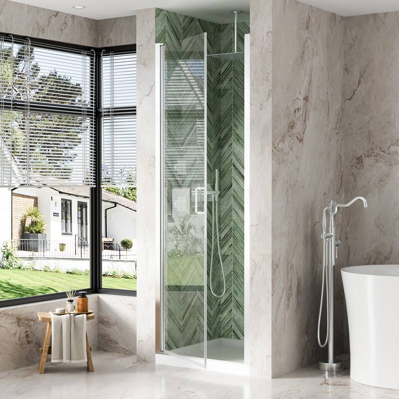 Alt View 4. WELLFOR - 26-7/16"-28"W x 72" H Semi-Frameless Pivot Shower Door -1/4 in. Tempered Glass, Easy Clean Coating - Chrome.