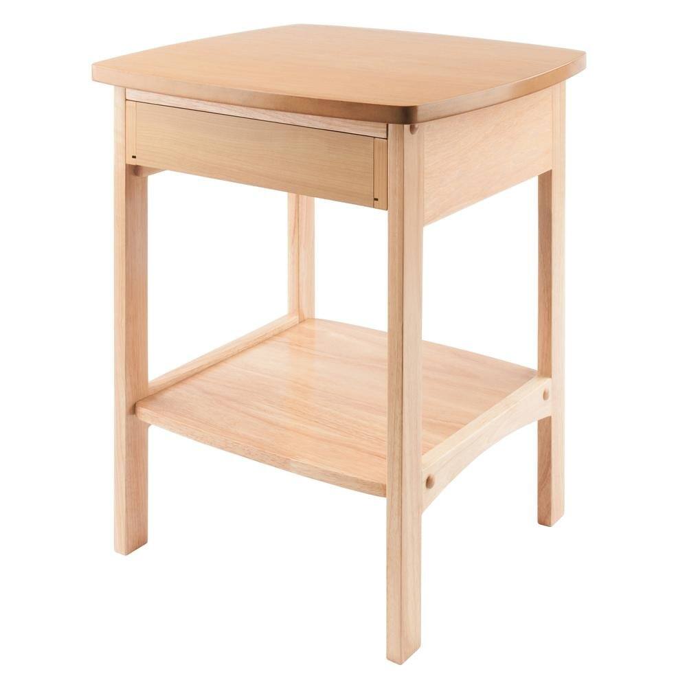 Left. FurniFact - Mid Century Nightstand In Solid Wood Natural Finish With Drawer And Shelf - Natural.