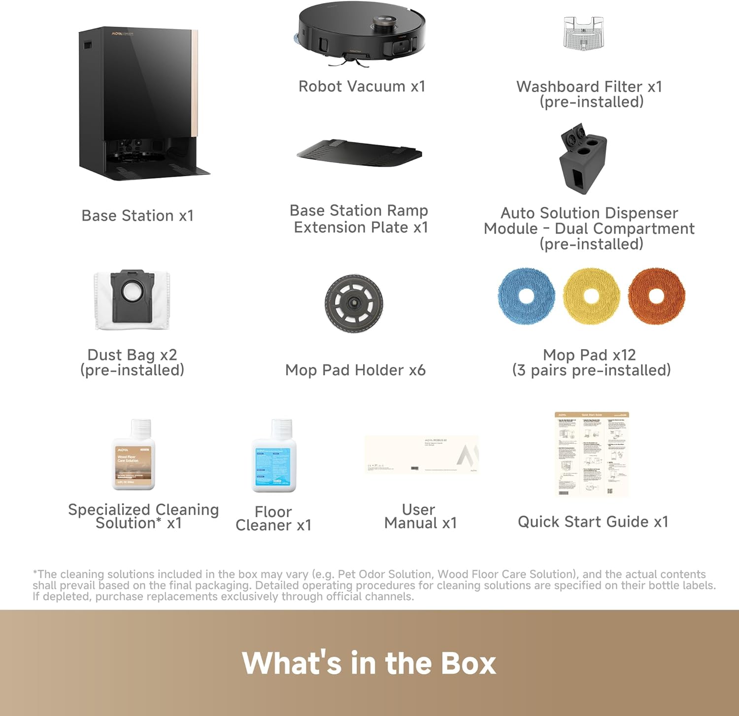 Robot Vacuum x1  
Washboard Filter x1 (pre-installed)  
Base Station x1  
Base Station Ramp Extension Plate x1  
Auto Solution Dispenser Module - Dual Compartment (pre-installed)  
Dust Bag x2 (pre-installed)  
Mop Pad Holder x6  
Mop Pad x12 (3 pairs pre-installed)  
Specialized Cleaning Floor Solution* x1  
Floor Cleaner x1  
User Manual x1  
Quick Start Guide x1  

*The cleaning solutions included in the box may vary (e.g. Pet Odor Solution, Wood Floor Care Solution), and the actual contents shall prevail based on the final packaging. Detailed operating procedures for cleaning solutions are specified on their bottle labels. If depleted, purchase replacements exclusively through official channels.  

What's in the Box