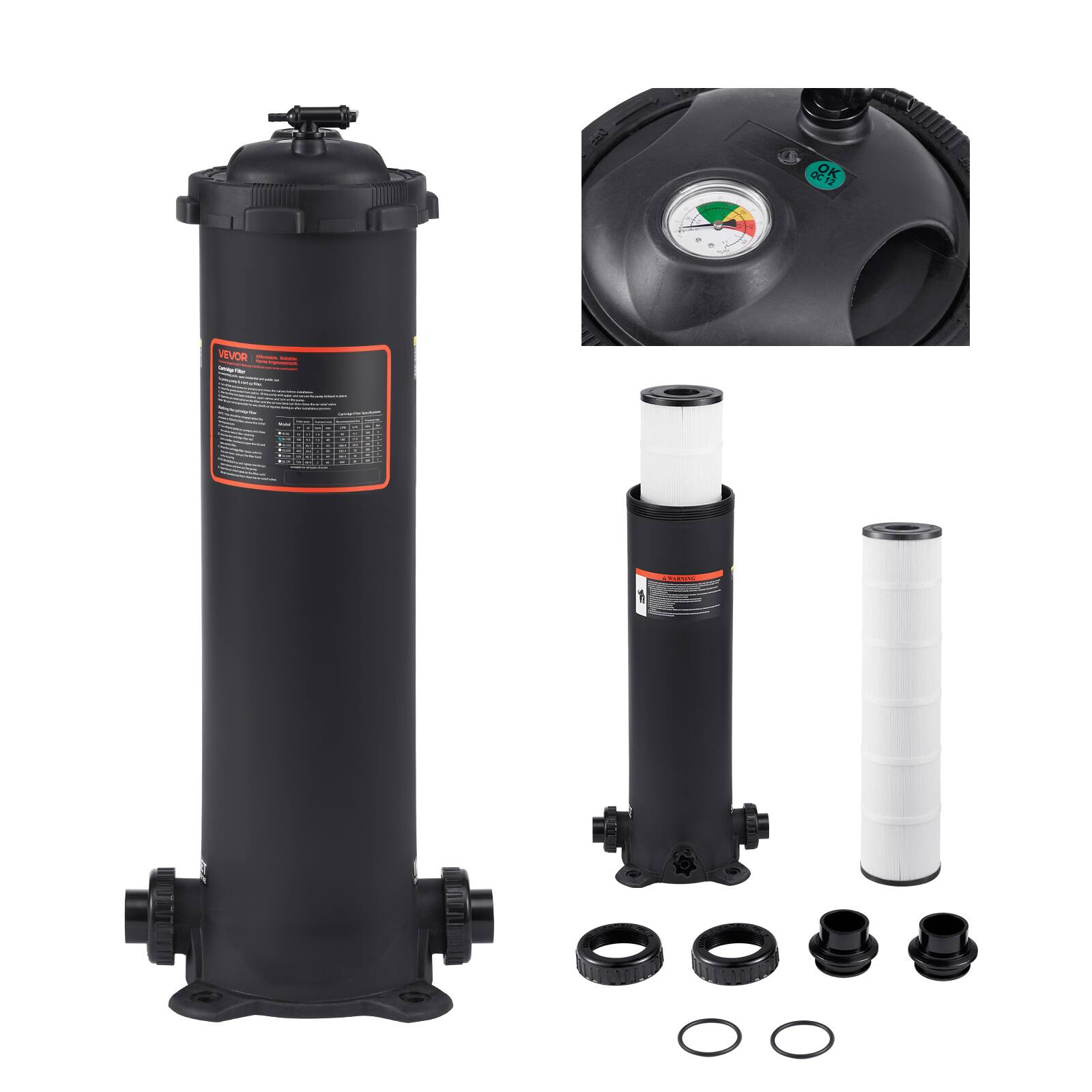 Front. VEVOR - Pool Cartridge Filter, 100 sq.ft², Swimming Pool Filter System 6142 GPH, Large Spa Filtration Clean & Clear System - Black.