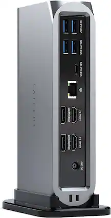 The image features a Satechi device with multiple ports, including USB 3.2, 5G, 10G, and Displayport HDMI. The device is designed to provide a convenient and efficient way to connect various devices, such as computers, smartphones, and gaming consoles. The ports are arranged in a way that allows for easy access and management of the connected devices. The Satechi device is a versatile and essential tool for modern technology users who require a reliable and high-speed connection for their devices.