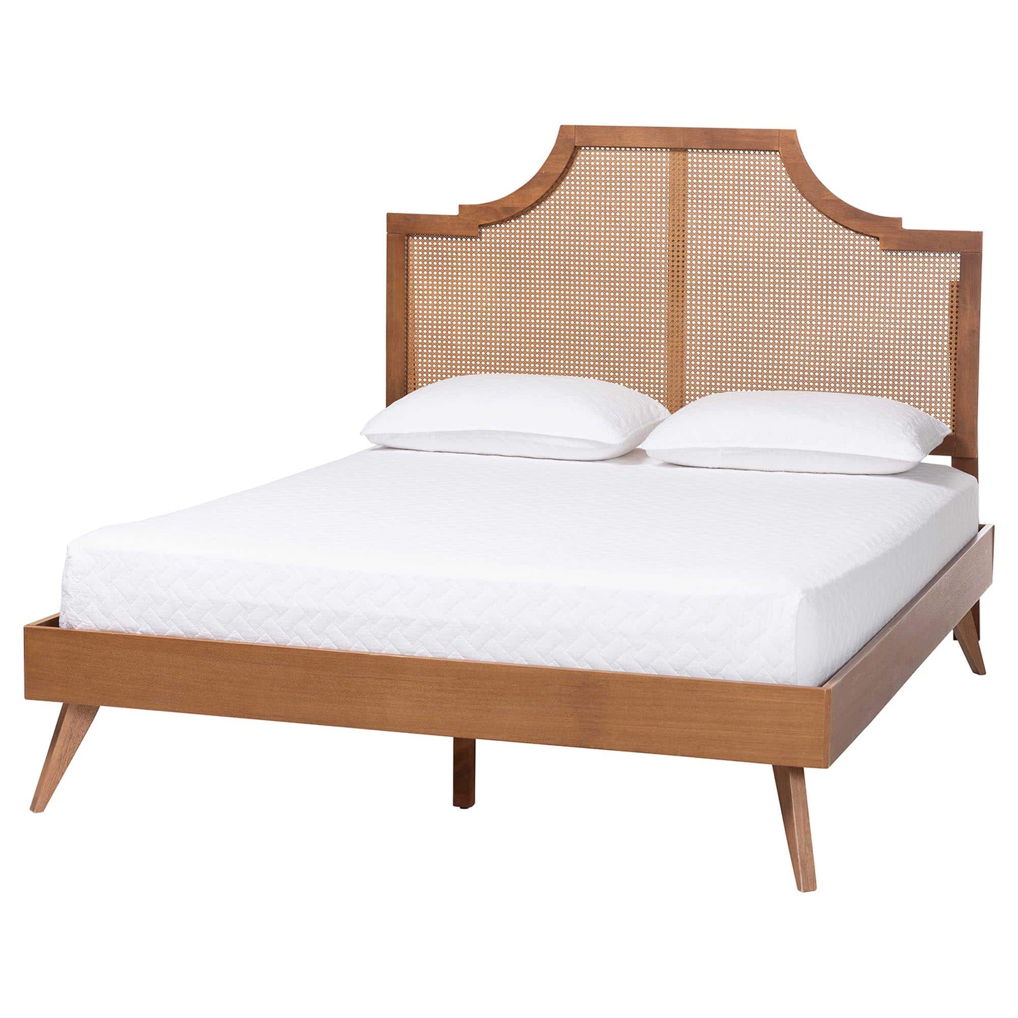 Baxton Studio - Rodolfo Platform Bed - Mid-Century Modern Bed with Woven Rattan Headboard, Queen - Ash Walnut