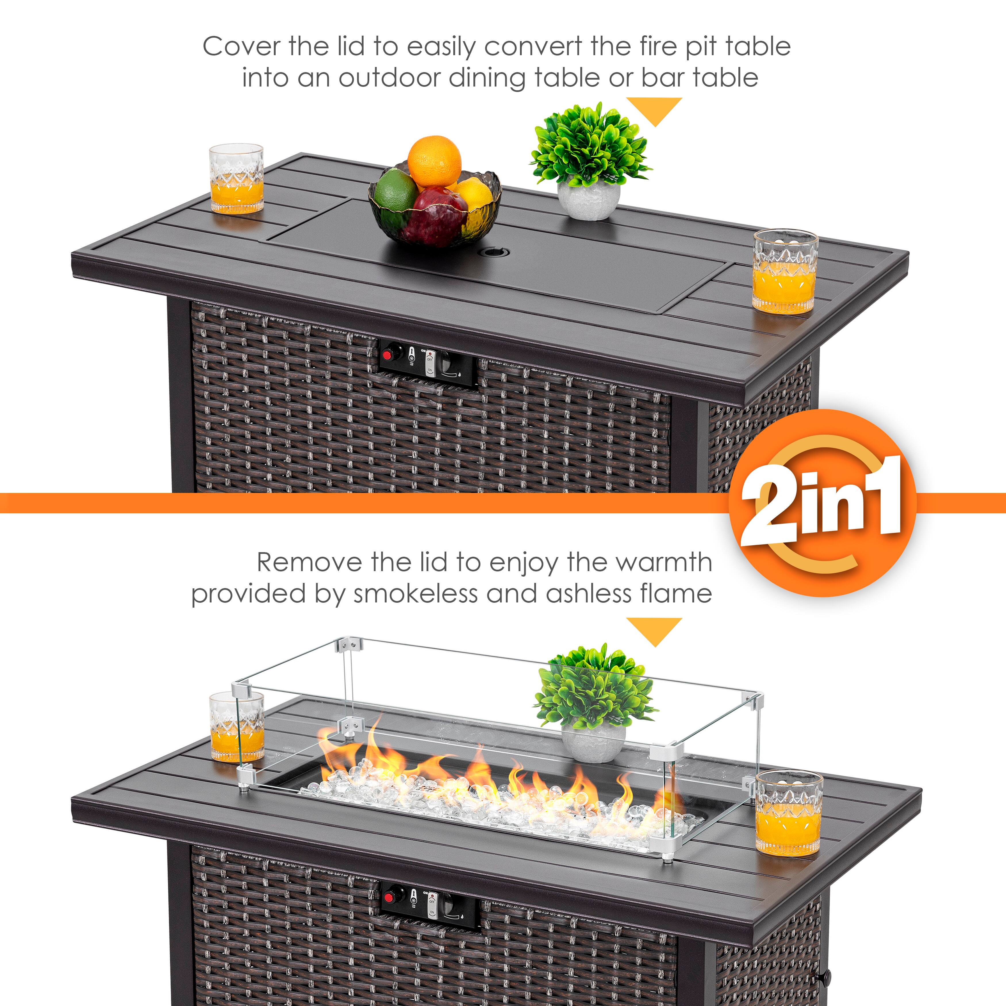 Cover the lid to easily convert the fire pit table into an outdoor dining table or bar table.

Remove the lid to enjoy the warmth provided by smokeless and ashless flame.

2in1