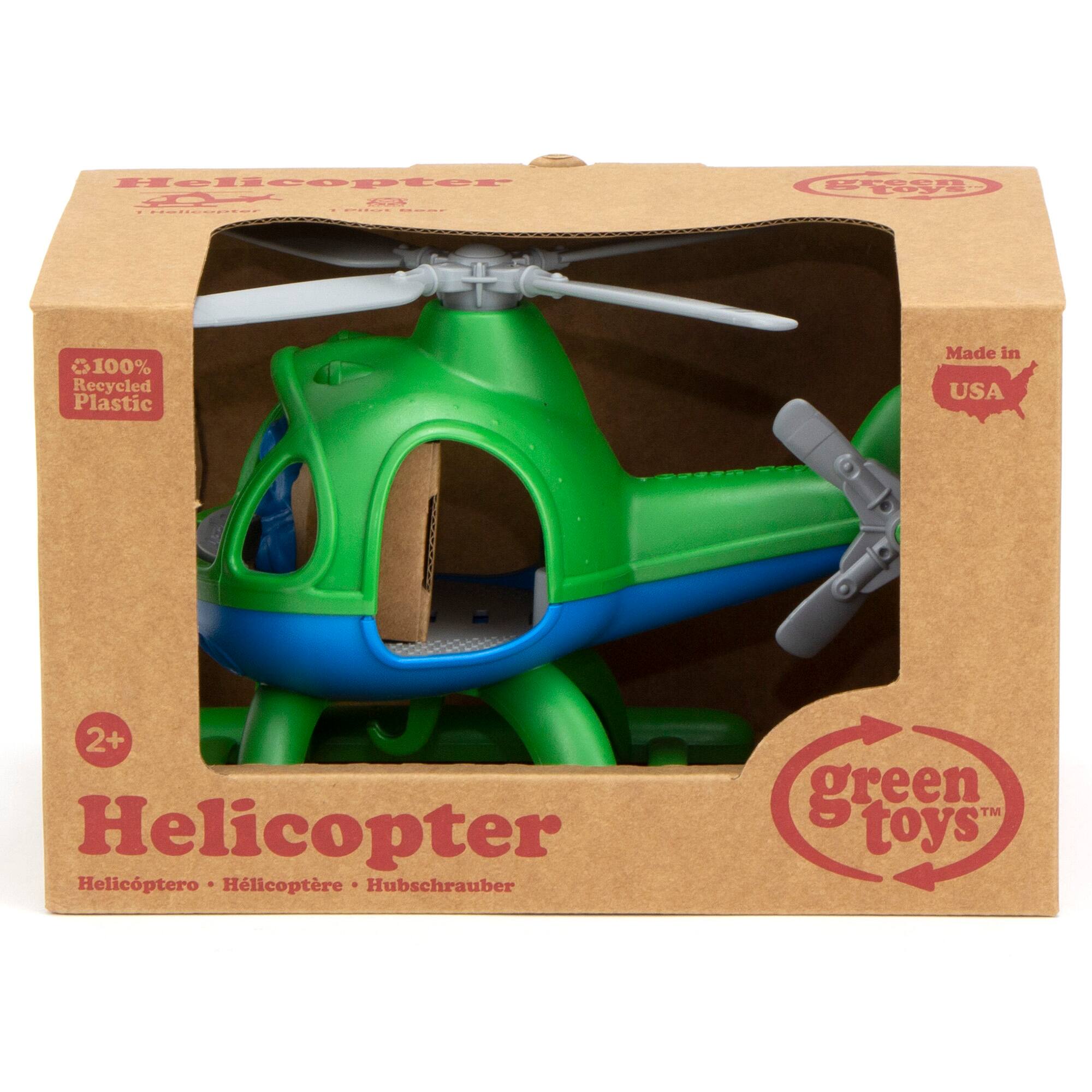 Helicopter 2+ is made from 100% recycled plastic and is made in the USA. The toy is green and features a rotating propeller. It is a helicopter toy designed for children to play with.