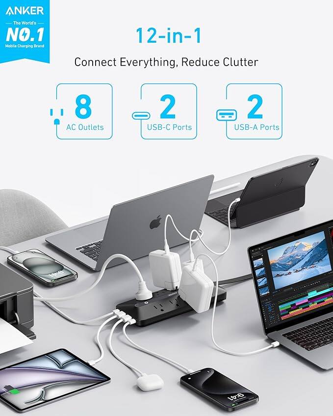 ANKER  
The World's NO.1 Mobile Charging Brand  

12-in-1  
Connect Everything, Reduce Clutter  

8 AC Outlets  
2 USB-C Ports  
2 USB-A Ports