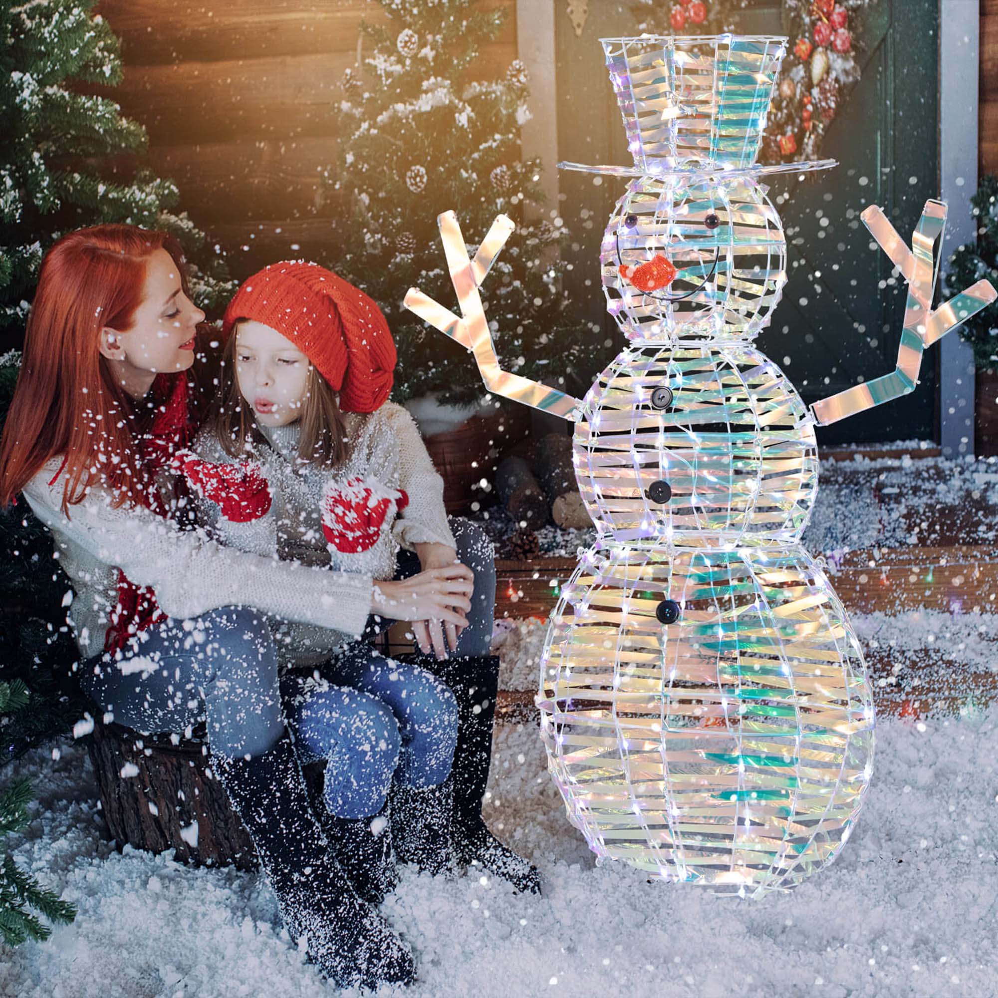 Alt View 3. Costway - Costway 4 FT Iridescent Christmas Snowman with 100 White LED Lights Ground Stakes Zip Ties - White.