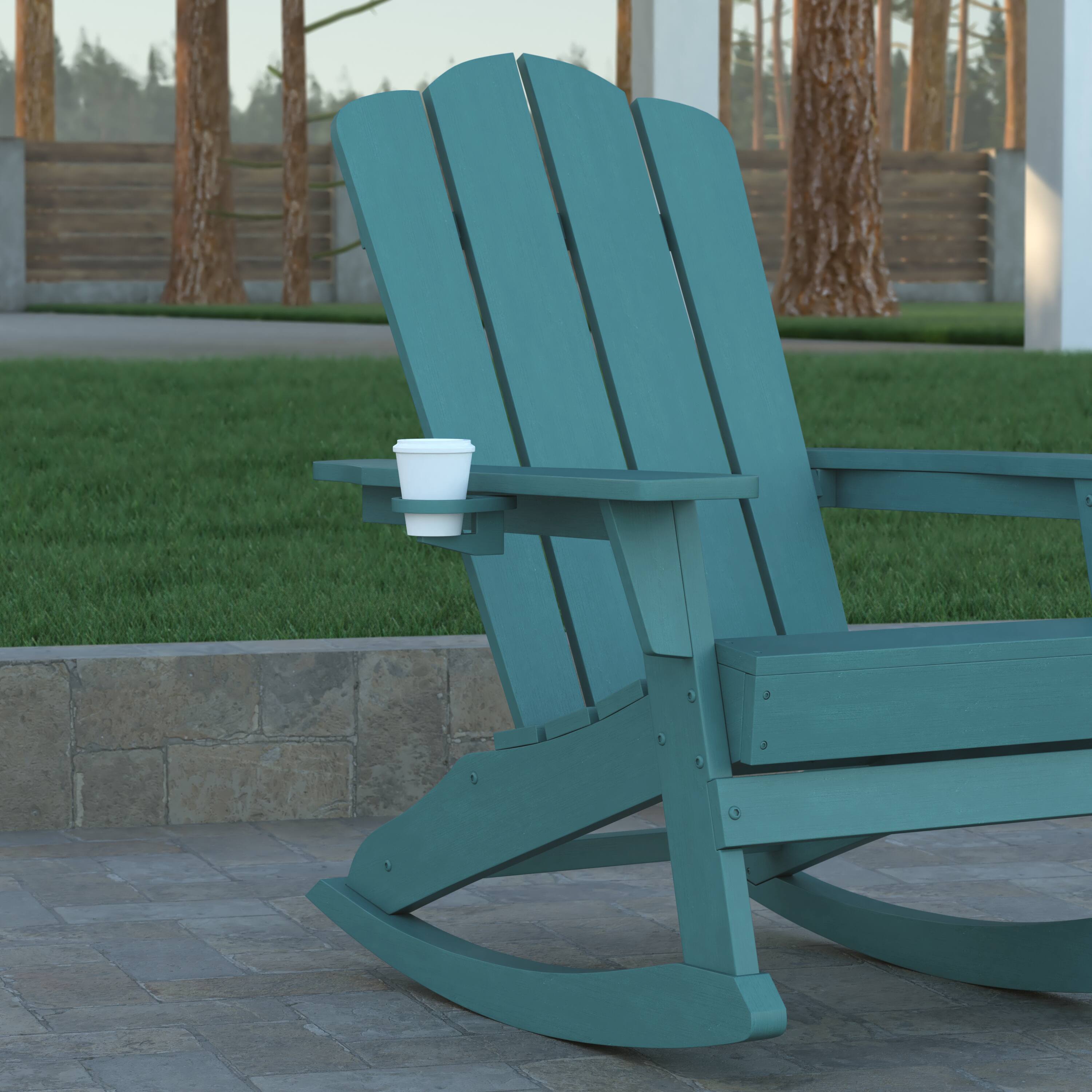 Alt View 4. Emma + Oliver - Tiverton Adirondack Rocking Chair with Cup Holder, Weather Resistant HDPE Adirondack Rocking Chair - Blue.