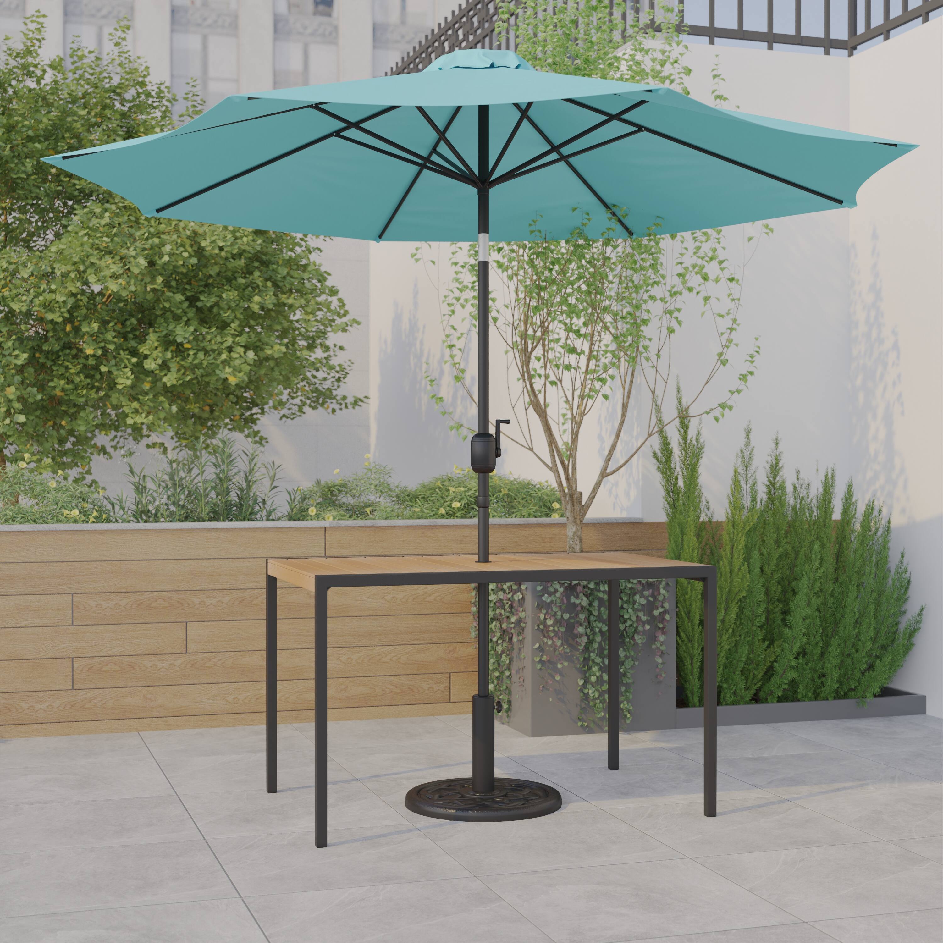Alt View 1. Emma + Oliver - 3 Piece Patio Table Set - Synthetic Faux Teak Dining Table with Umbrella Hole & Umbrella with Weighted Base - Teal.