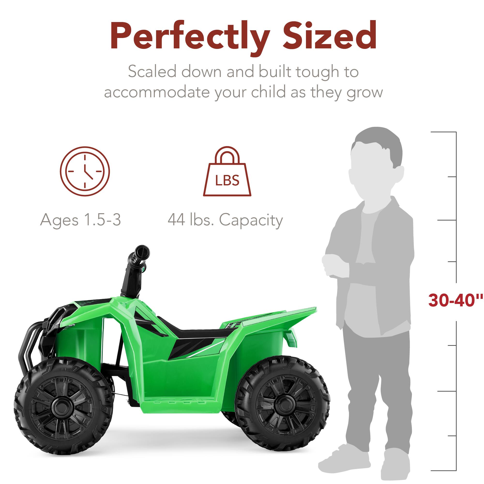 Perfectly Sized  
Scaled down and built tough to accommodate your child as they grow  
Ages 1.5-3  
44 lbs. Capacity  
30-40"
