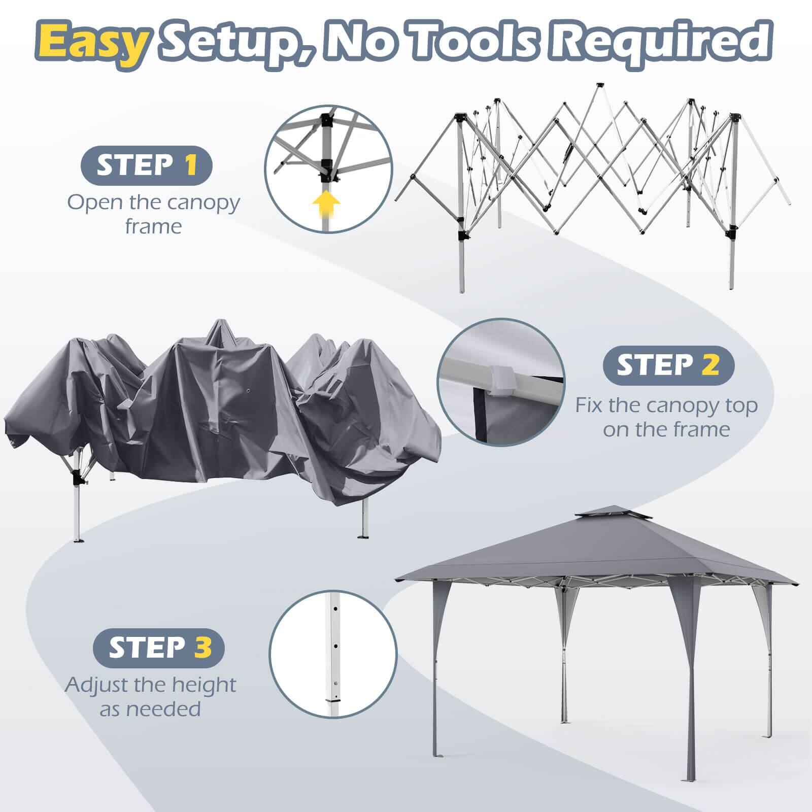 Easy Setup, No Tools Required

STEP 1 Open the canopy frame

STEP 2 Fix the canopy top on the frame

STEP 3 Adjust the height as needed