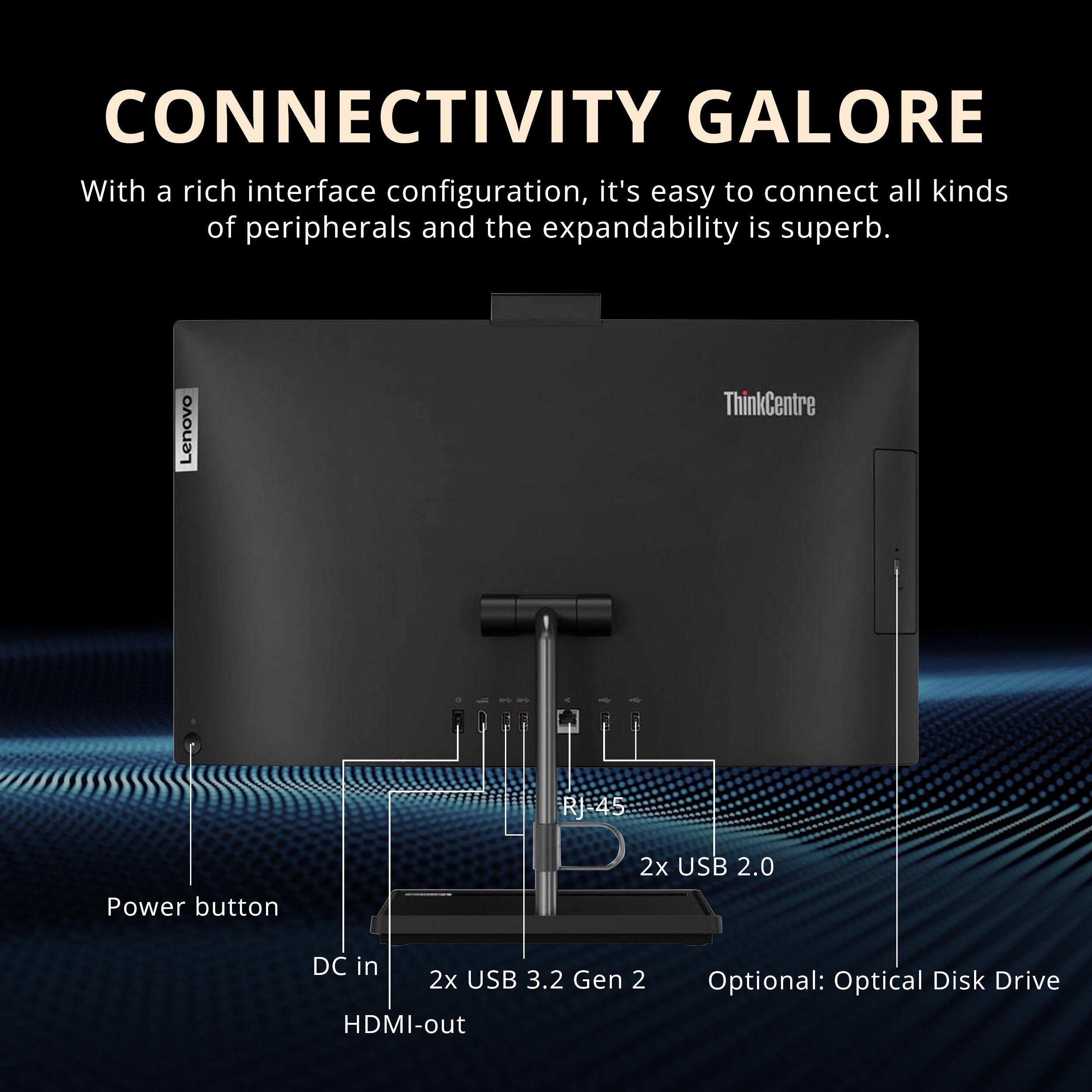 **CONNECTIVITY GALORE**

With a rich interface configuration, it's easy to connect all kinds of peripherals and the expandability is superb.

- Power button
- RJ-45
- 2x USB 2.0
- 2x USB 3.2 Gen 2
- HDMI-out
- DC in
- Optional: Optical Disk Drive