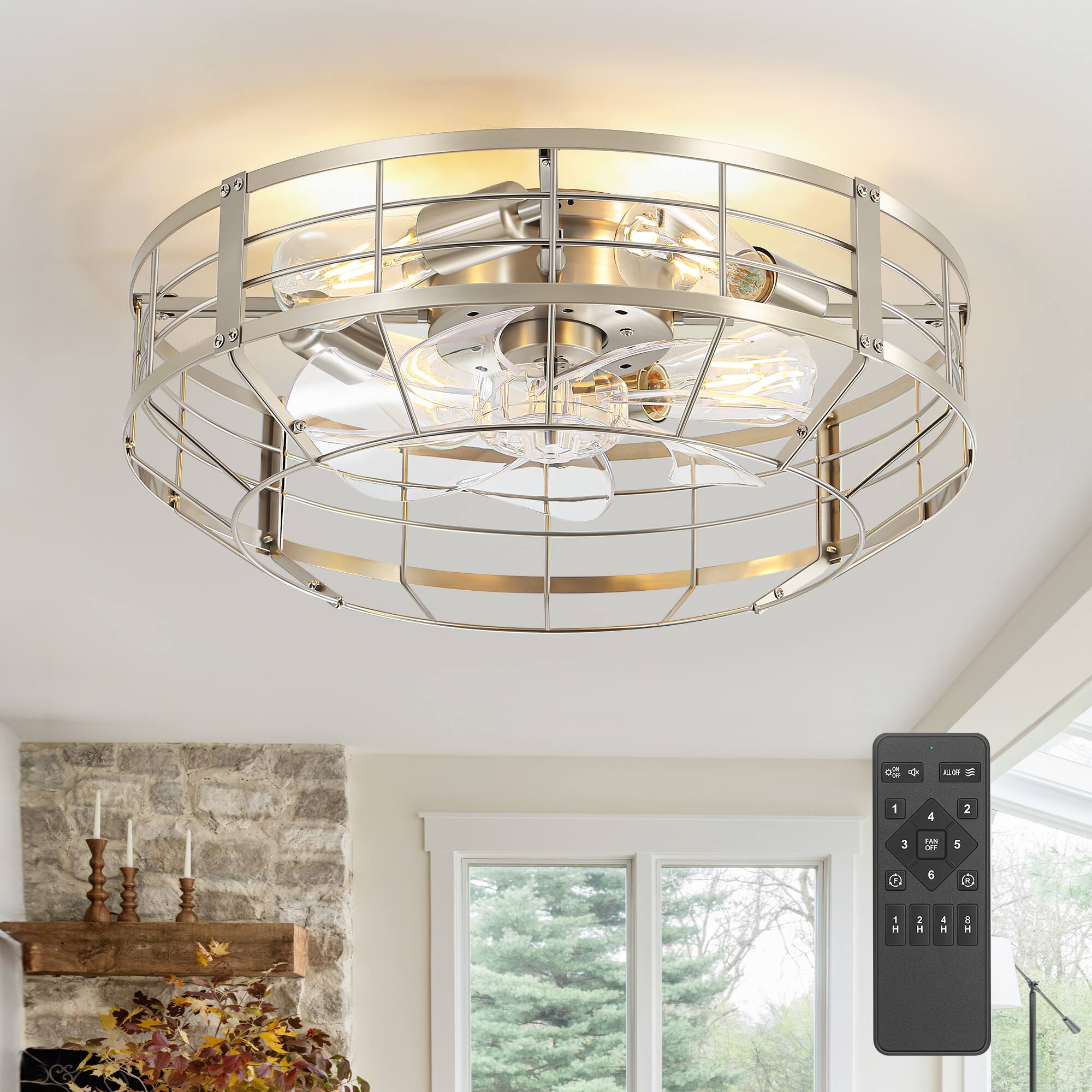 Alt View 5. Breezary - 20-Inch KD Traditional Light Source Flush Mount Cage Fan, 7 Transparent Blades, E26 Light Bulbs, 6-Speed Remote - Sand Nickel and Clear.