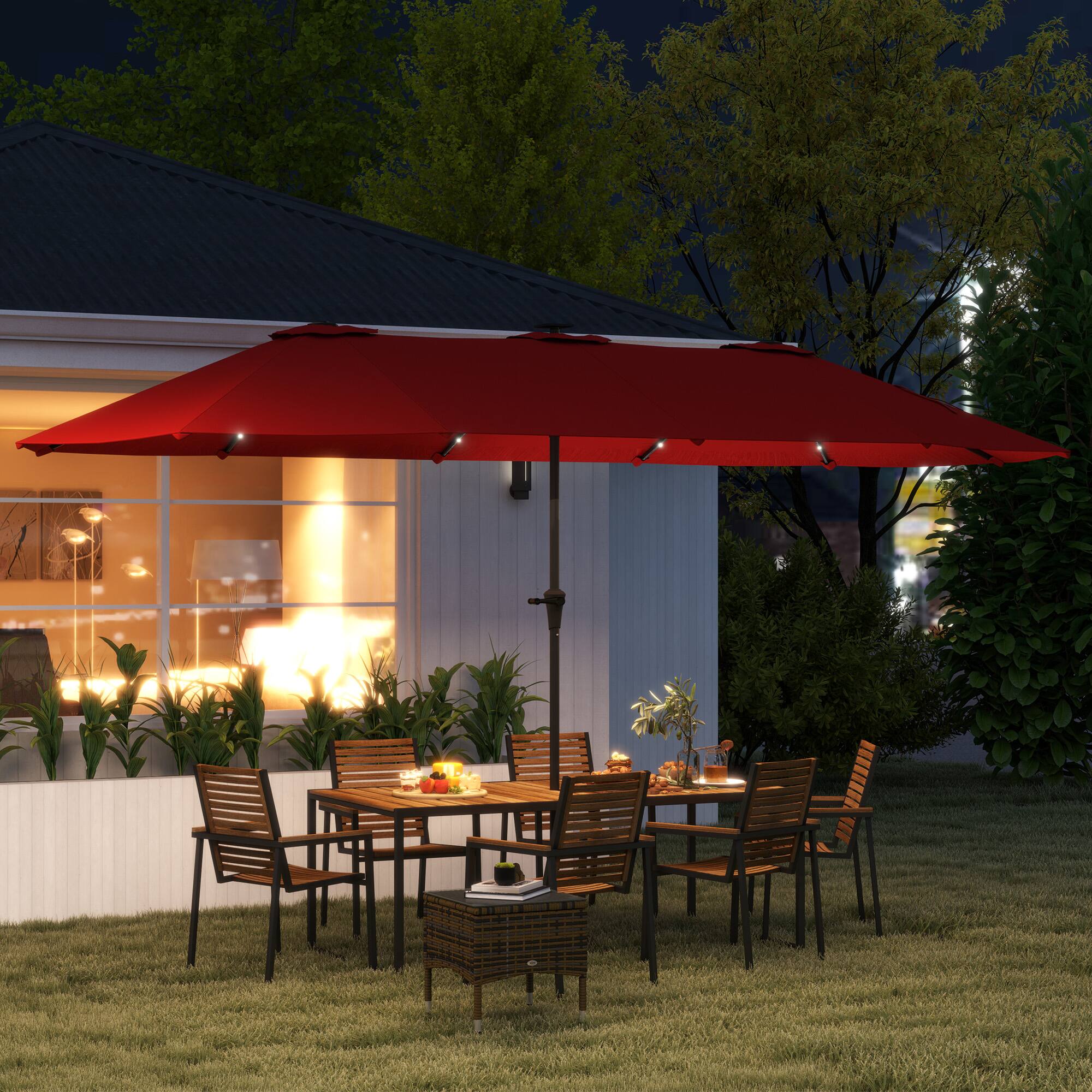 Angle. Outsunny - 13ft Large Patio Umbrella with Solar Lights, Rectangular Double-Sided Outdoor Market Umbrella with Crank Handle - Wine Red.