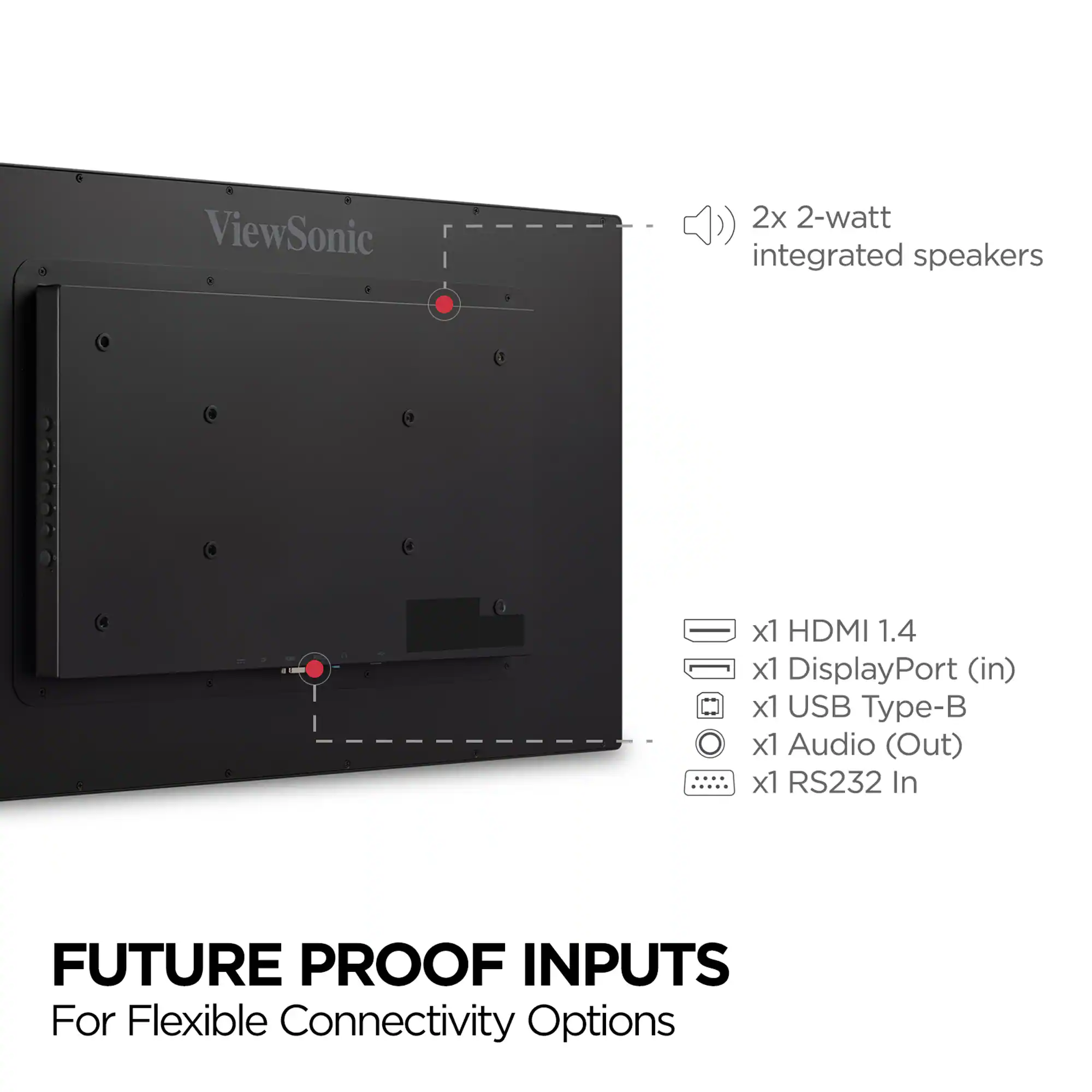 The text on the image reads: "ViewSonic 2x 2-watt integrated speakers x1 HDMI 1.4 x1 DisplayPort (in) x1 USB Type-B x1 Audio (Out) x1 RS232 In FUTURE PROOF INPUTS For Flexible Connectivity Options."