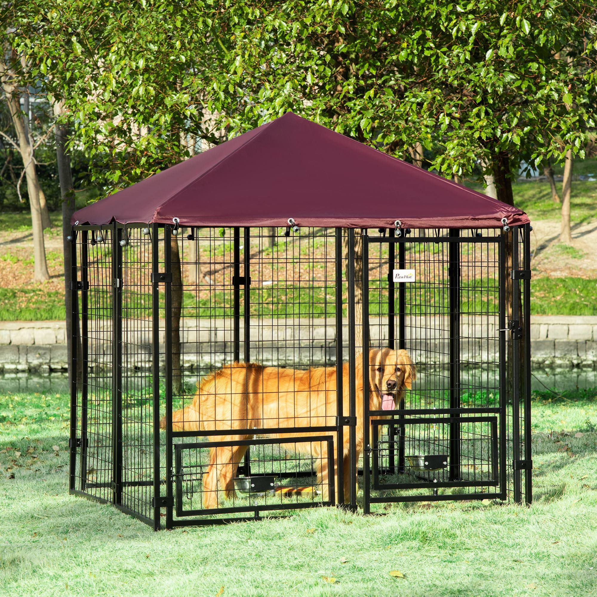 Alt View 1. Pawhut - Dog Kennel with Rotating Bowl Holders, Pet Playpen with Waterproof Cover - Red.