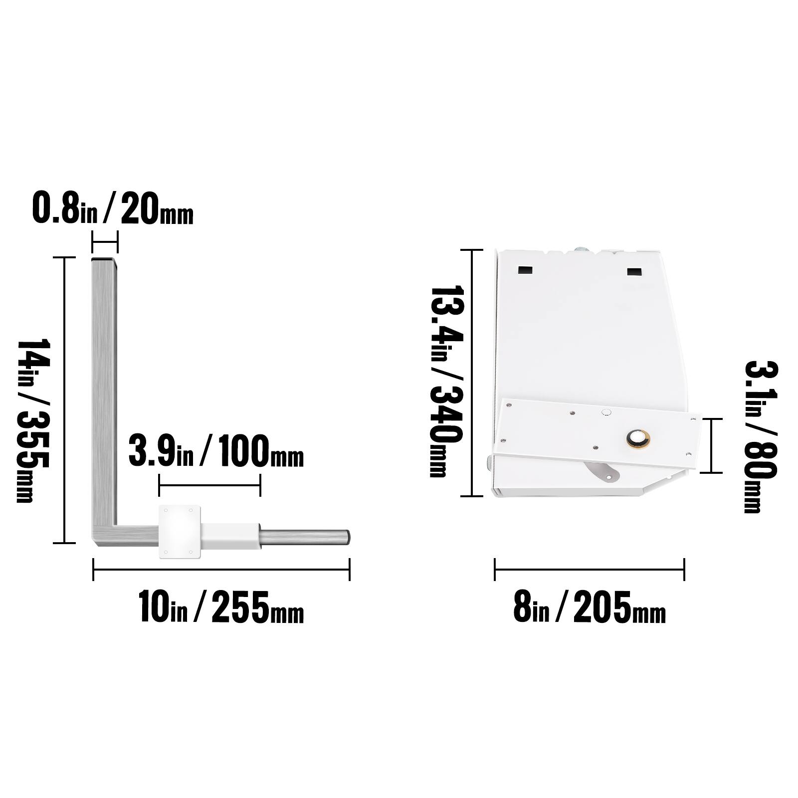 0.8in / 20mm  
14in / 355mm  
3.9in / 100mm  
10in / 255mm  

13.4in / 340mm  
8in / 205mm  
3.1in / 80mm